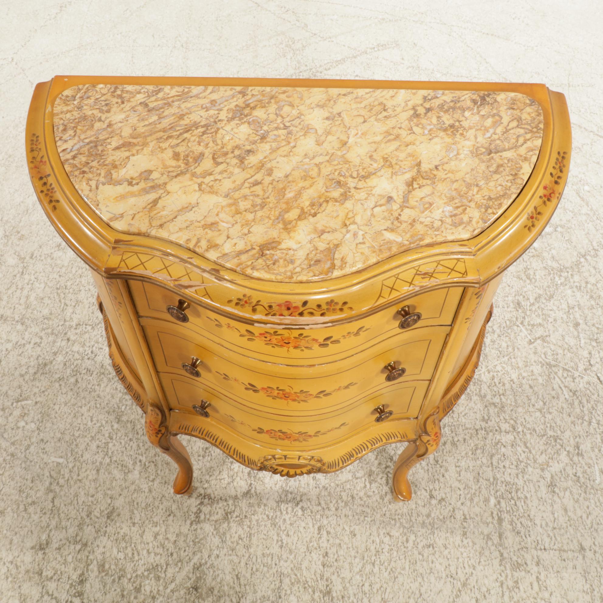 Paint Decorated French Provincial Marble-Top Nightstand, Mid-20th Century
