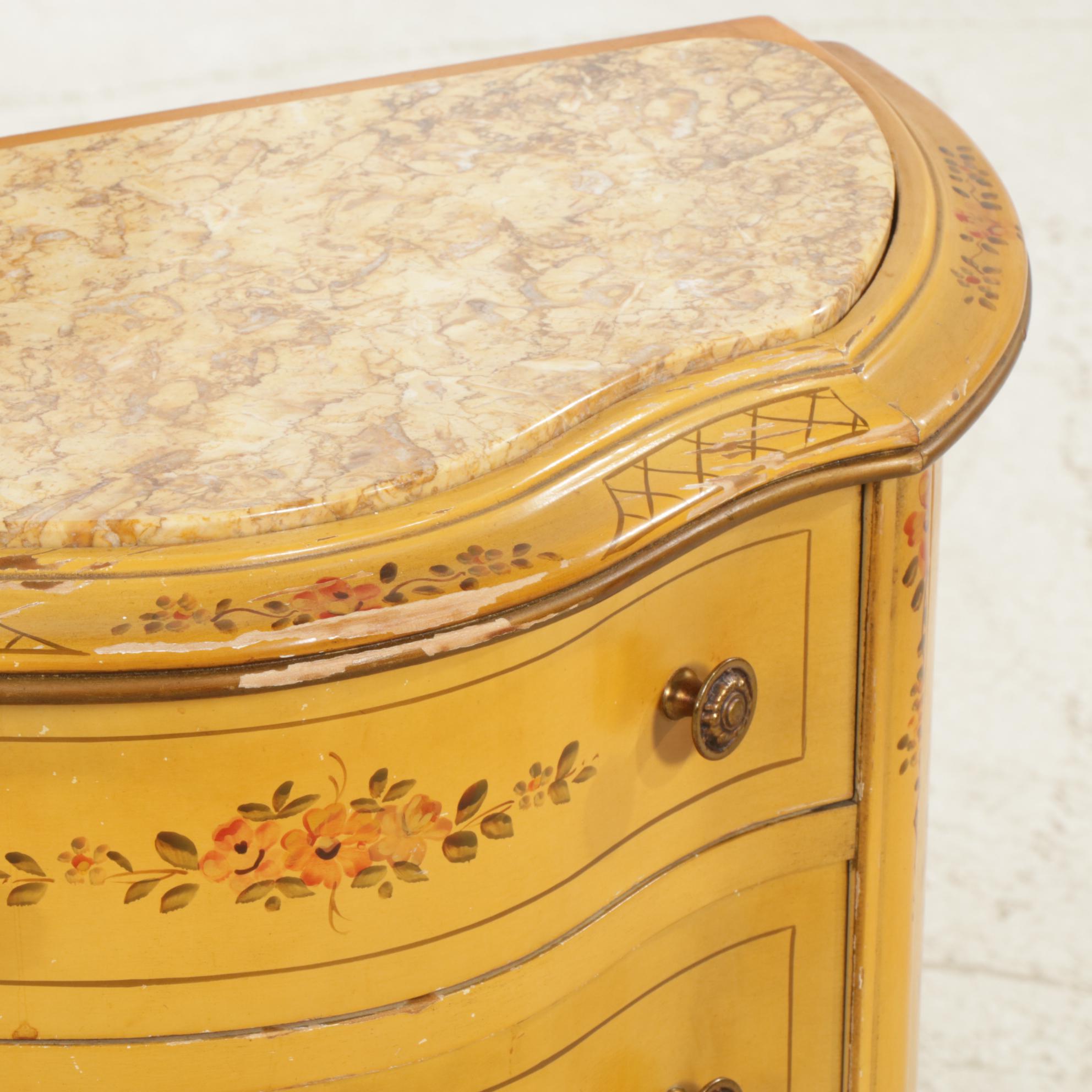 Paint Decorated French Provincial Marble-Top Nightstand, Mid-20th Century