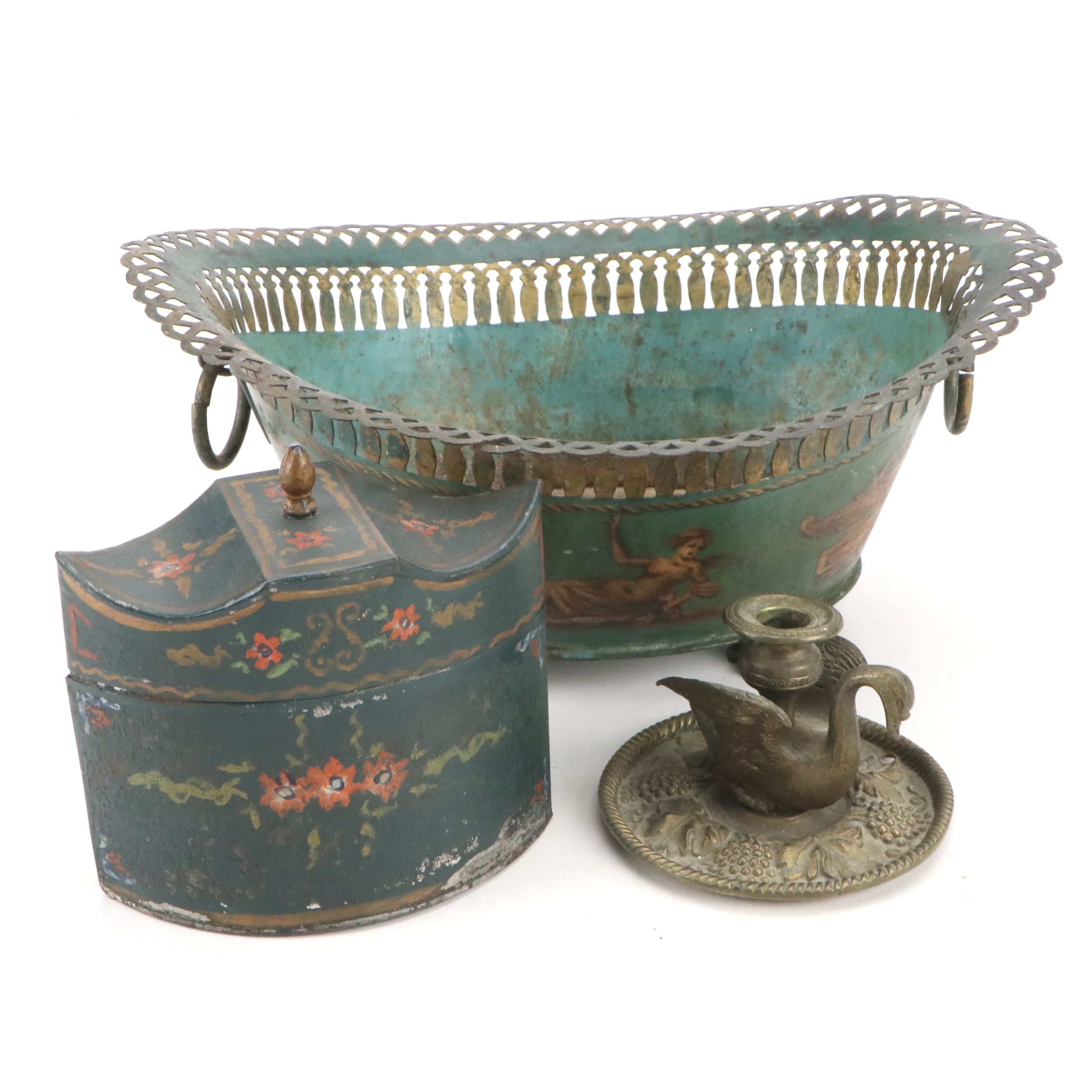 Vintage Floral Metal Lidded Box with Planter and Brass Swan Candlestick