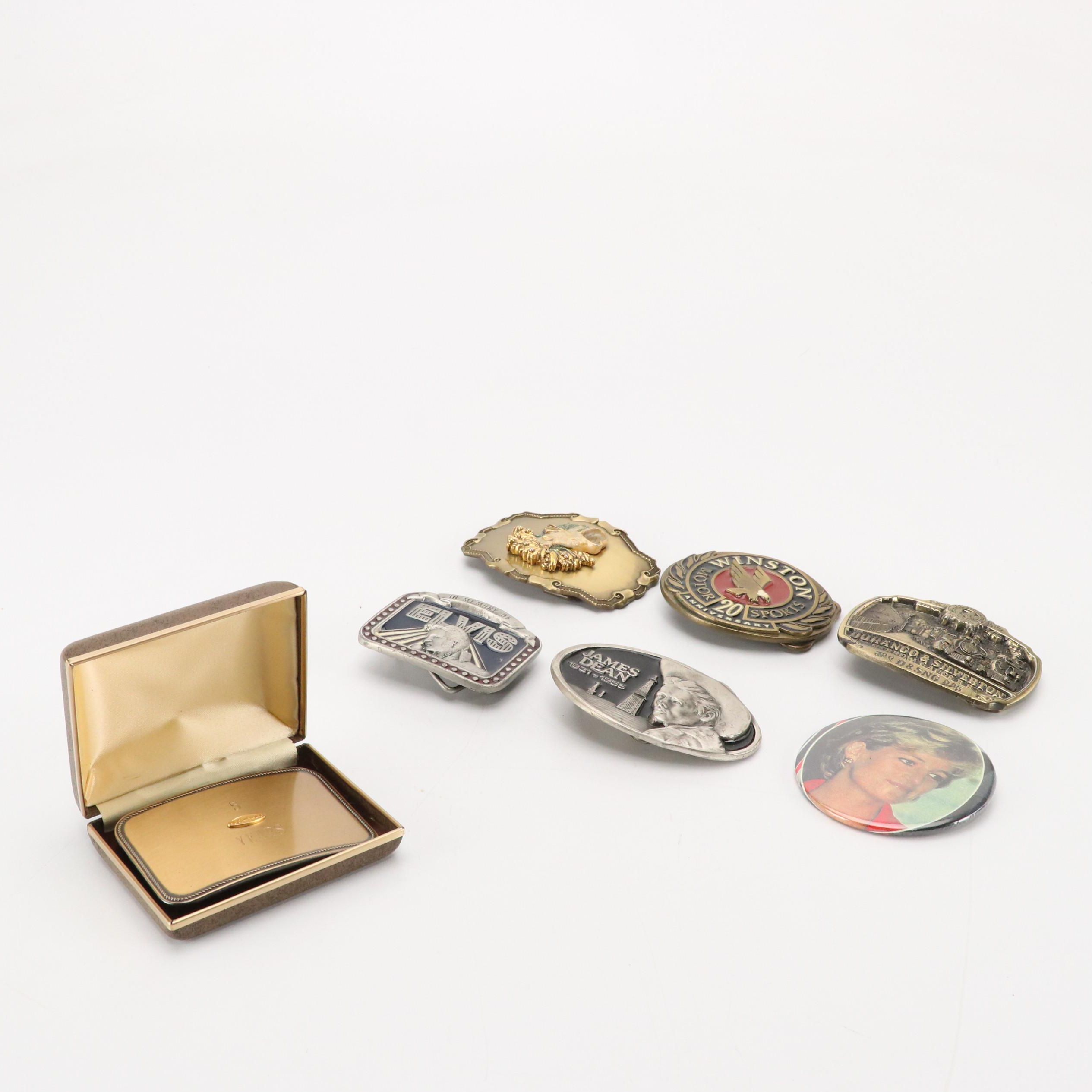 Commemorative Brass, Pewter, and Metal Belt Buckles with Badge Pin