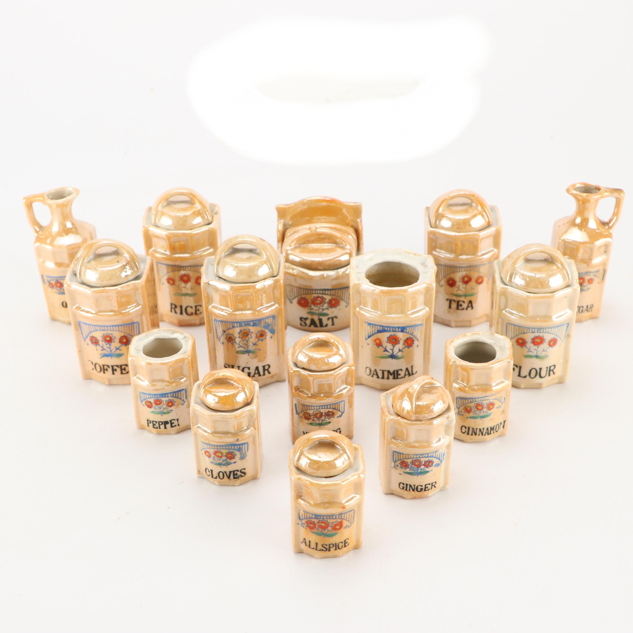 Hand-Painted Floral Ceramic Lusterware Jars and Cruets, Mid-20th Century