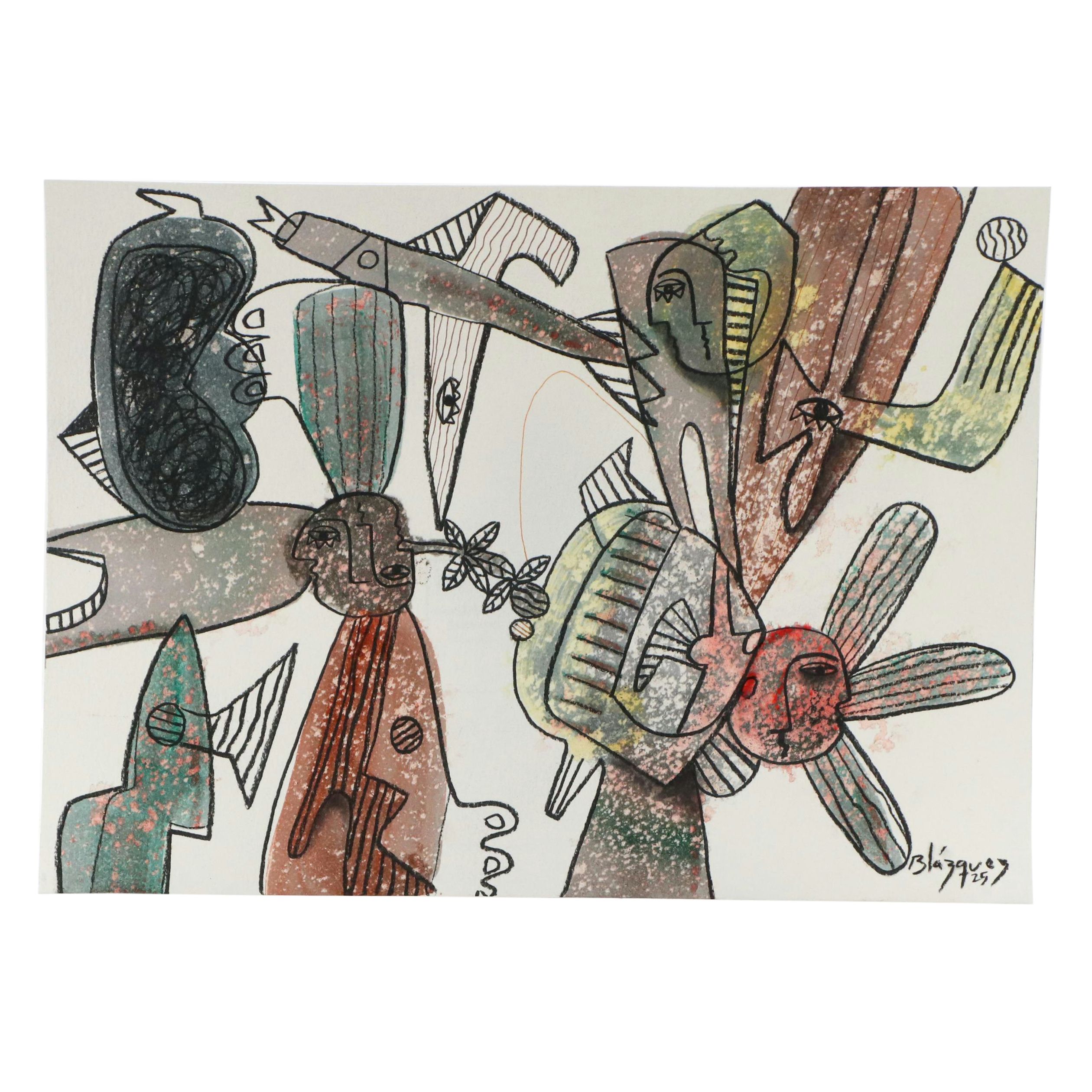 Michel Blázquez Surrealist Mixed Media Painting "Untitled Serie #47," 2025