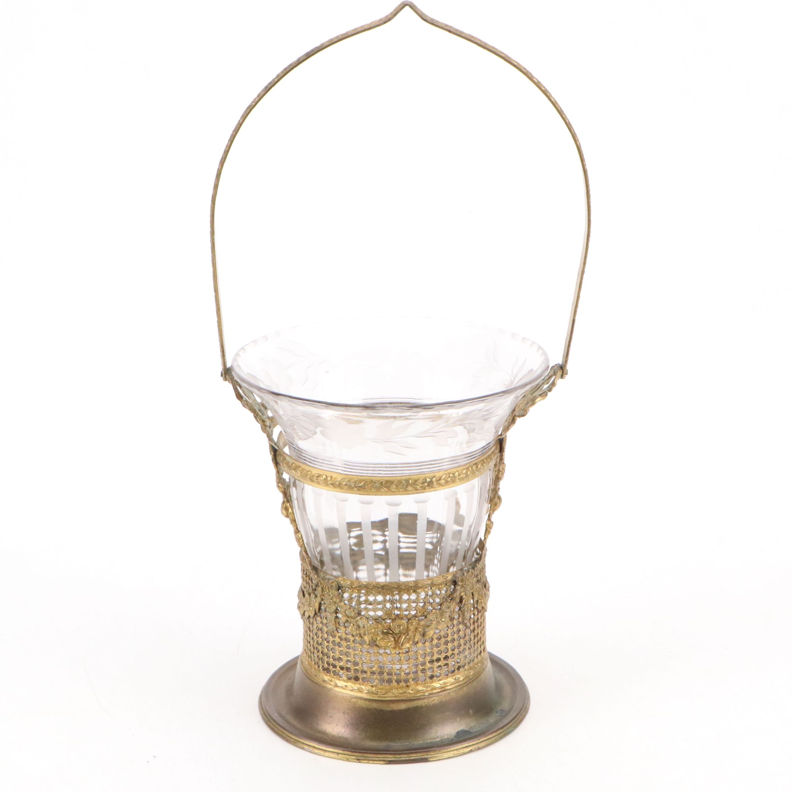 French Empire Style Ormolu Mounted Etched Glass Basket Vase