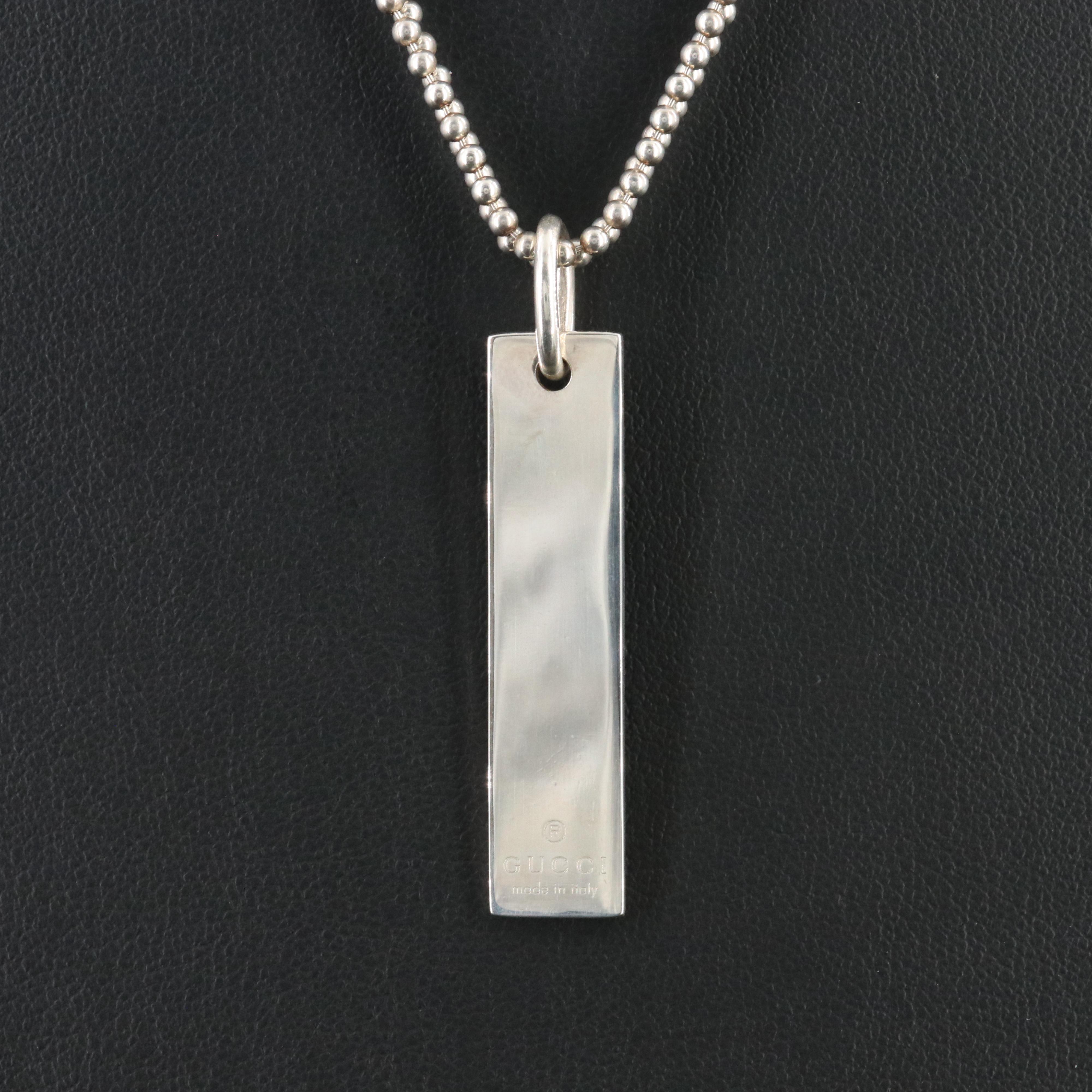 Gucci Sterling Bar Plate Pendant on a Double Bead Chain Necklace