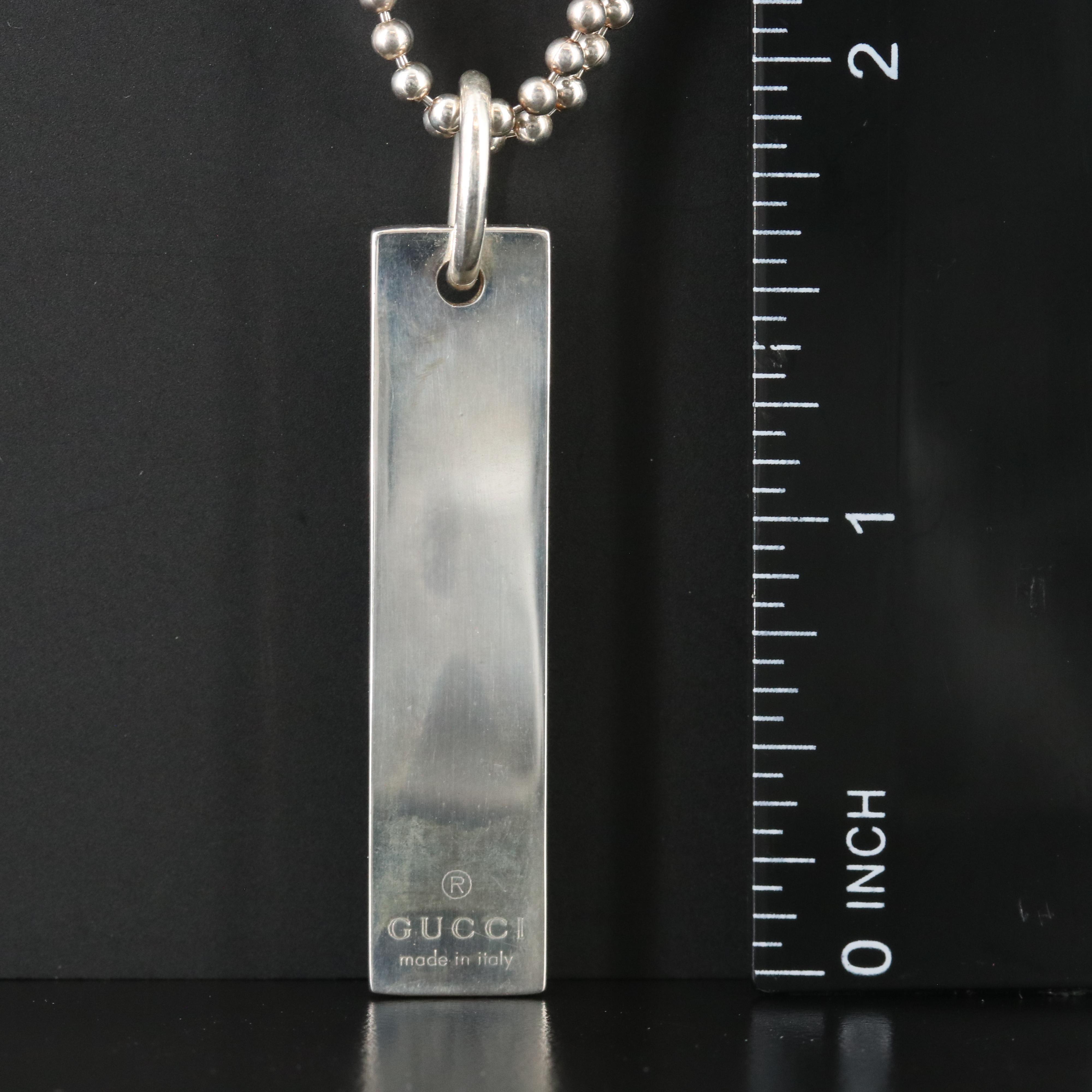 Gucci Sterling Bar Plate Pendant on a Double Bead Chain Necklace