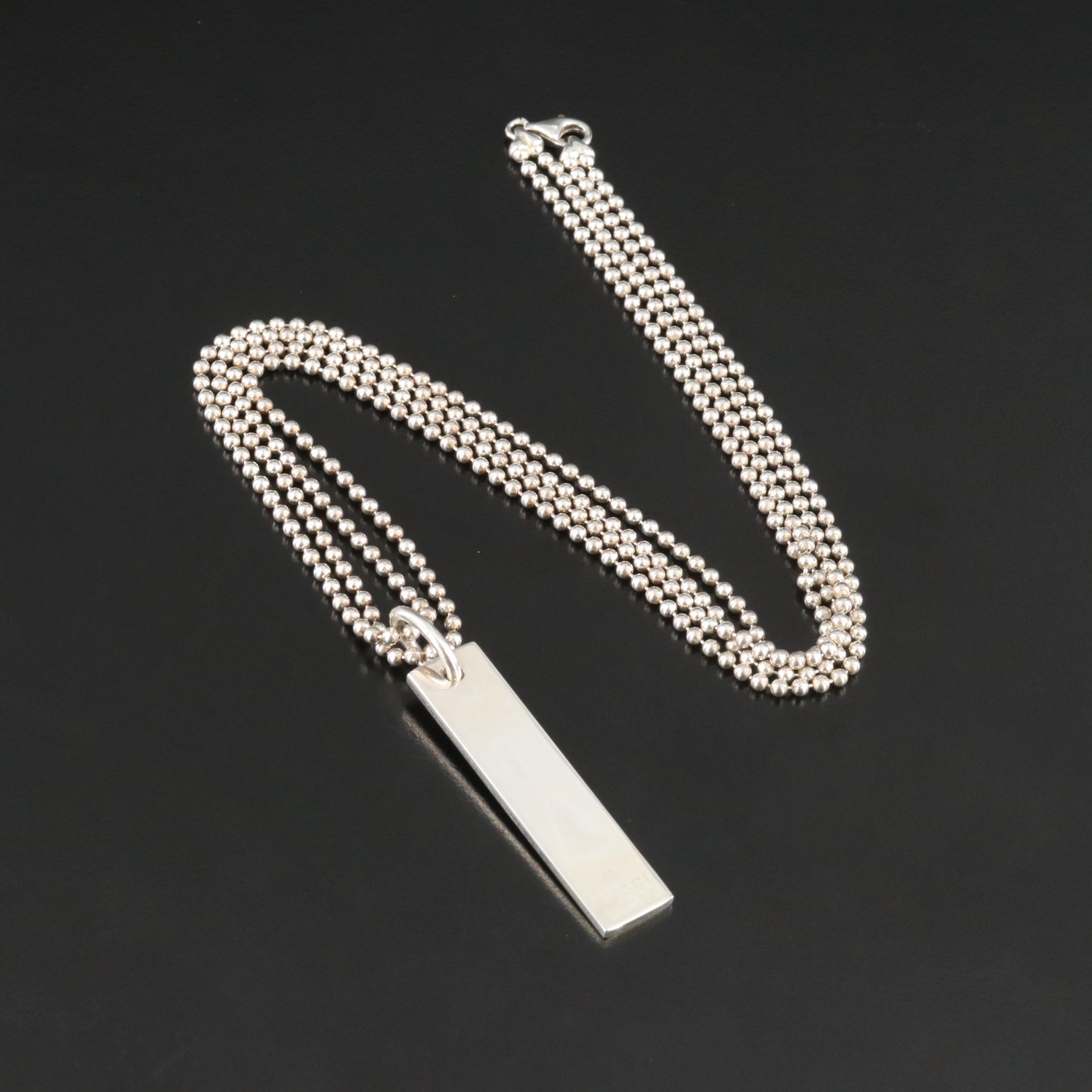 Gucci Sterling Bar Plate Pendant on a Double Bead Chain Necklace