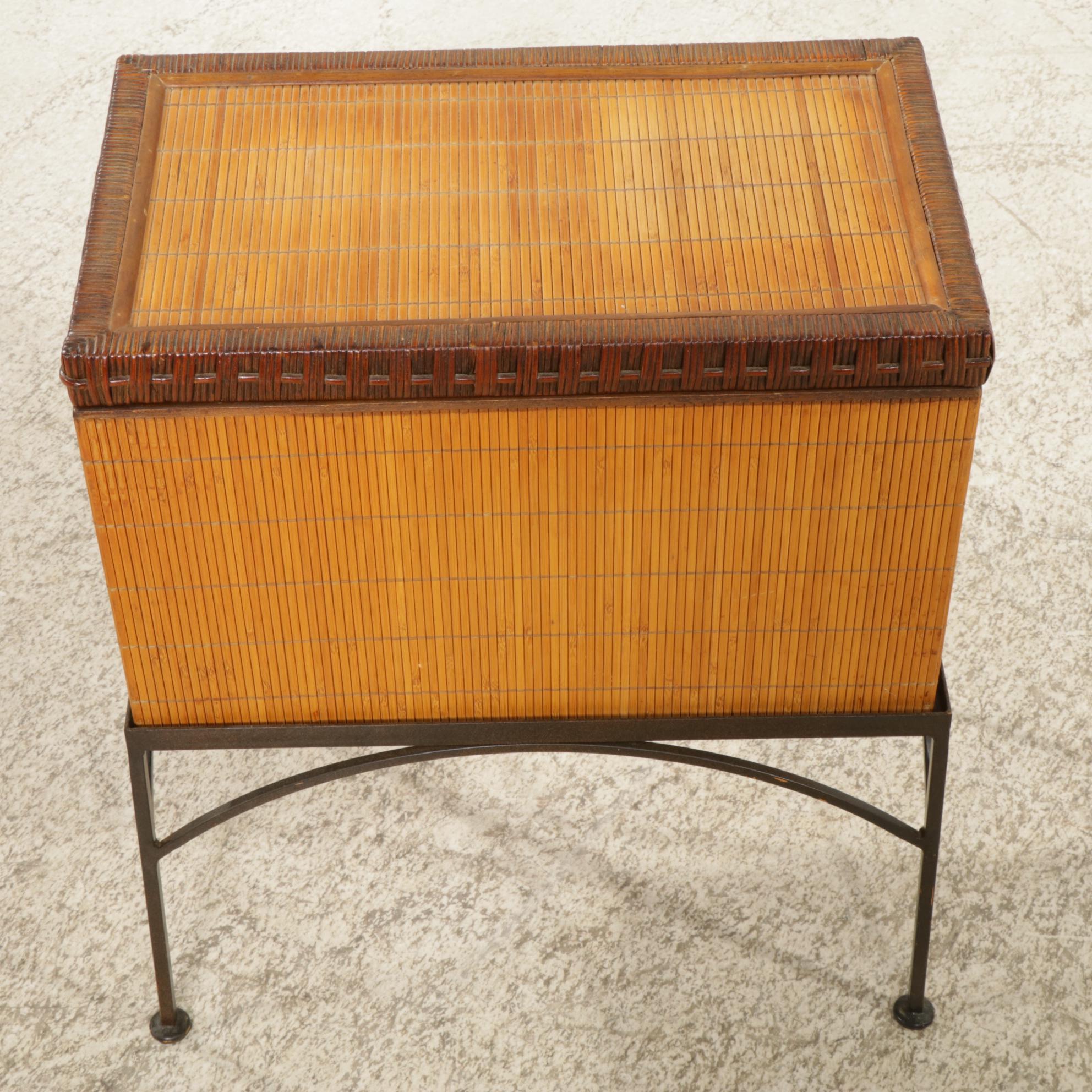 Bamboo Finished Wood Chest on Forged Metal Stand