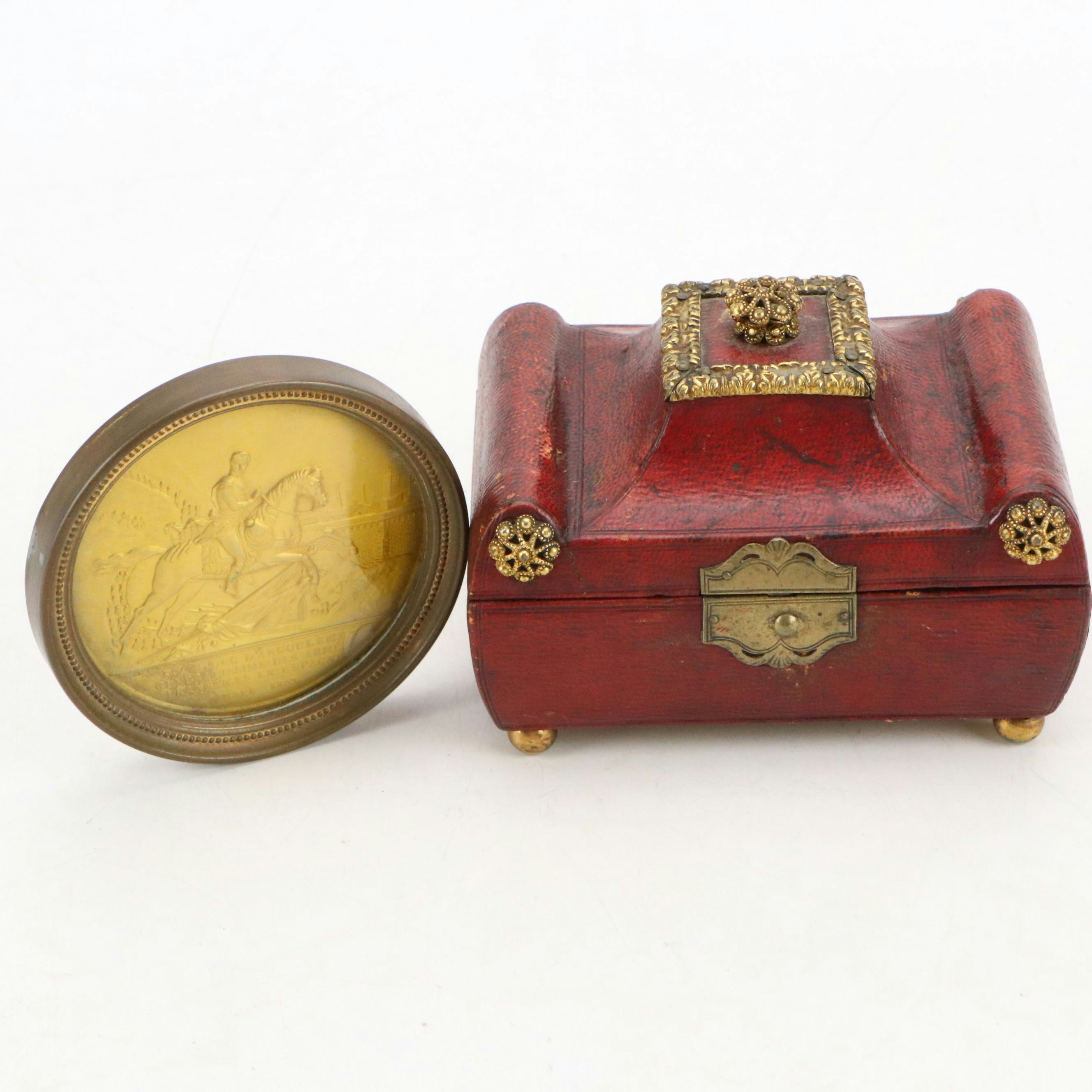 Victorian Leather Wrapped Jewelry Box with Gold Gilt Brass French Medal