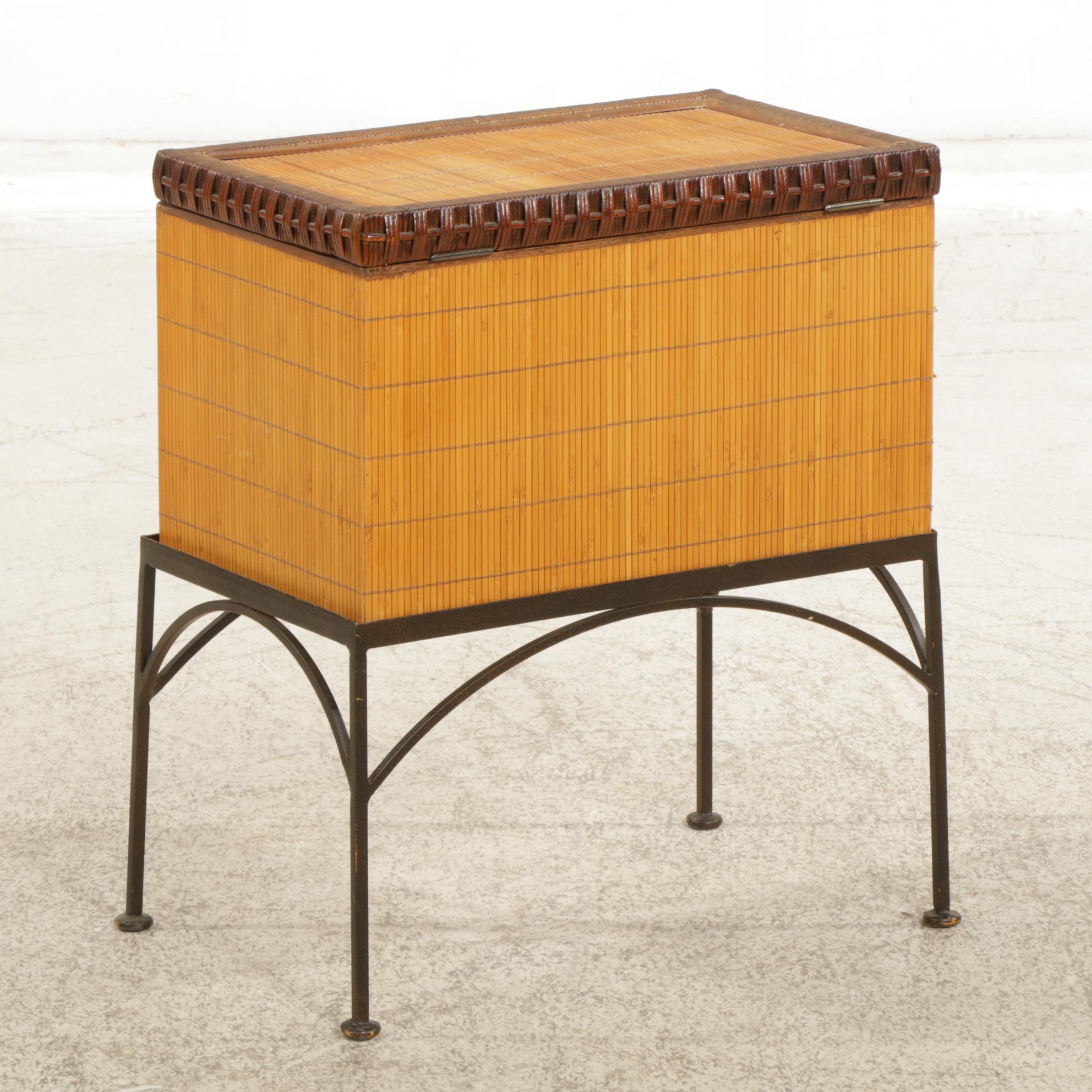 Bamboo Finished Wood Chest on Forged Metal Stand