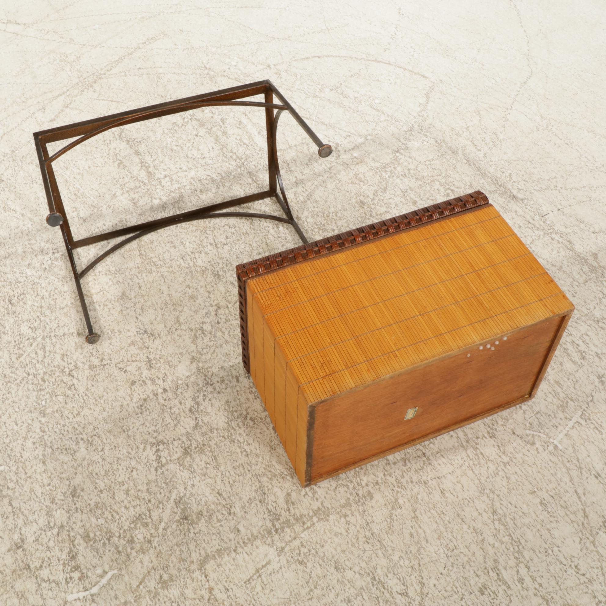 Bamboo Finished Wood Chest on Forged Metal Stand