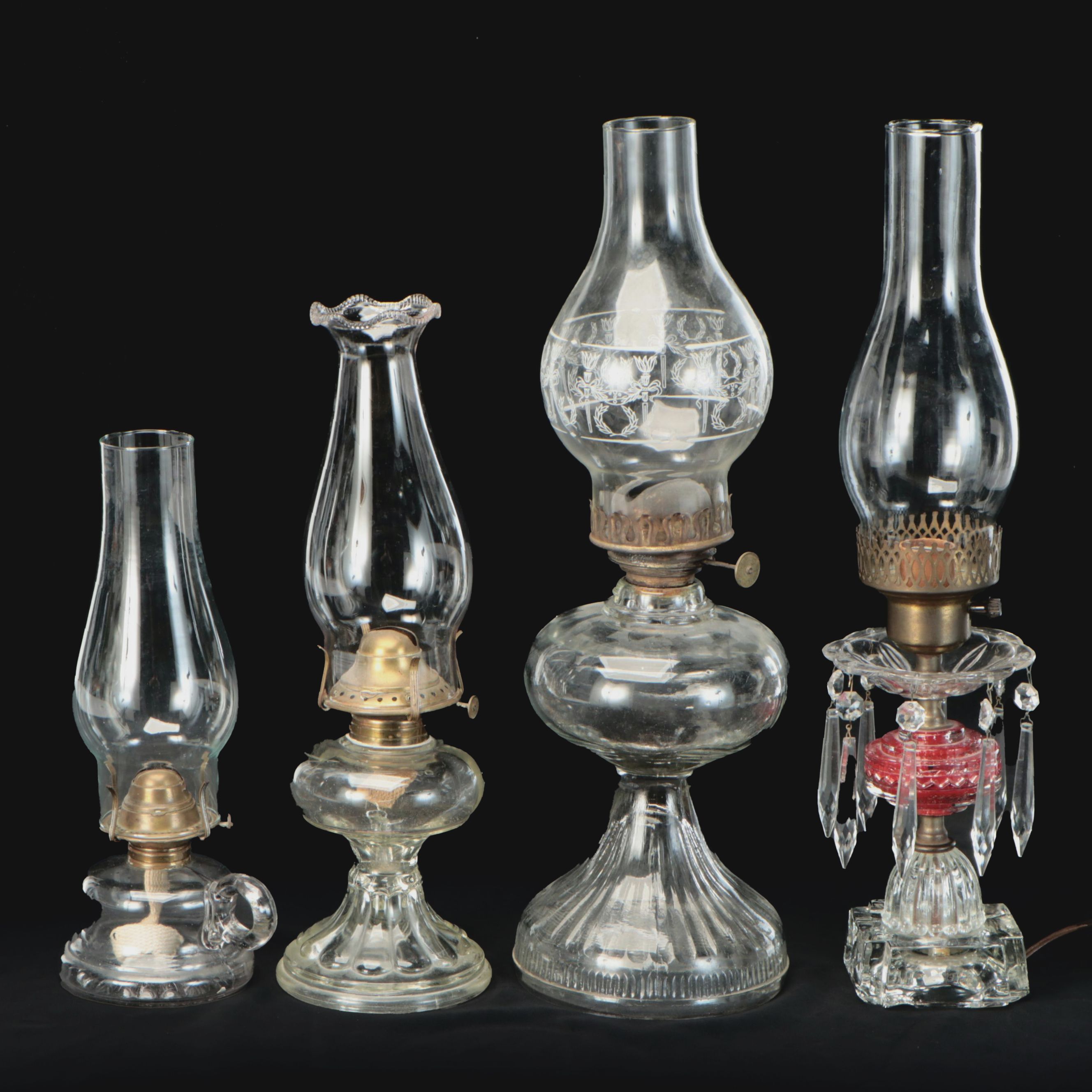 American Pressed Glass Oil Table & Hand Lamps with Vintage Mantel Luster Lamp