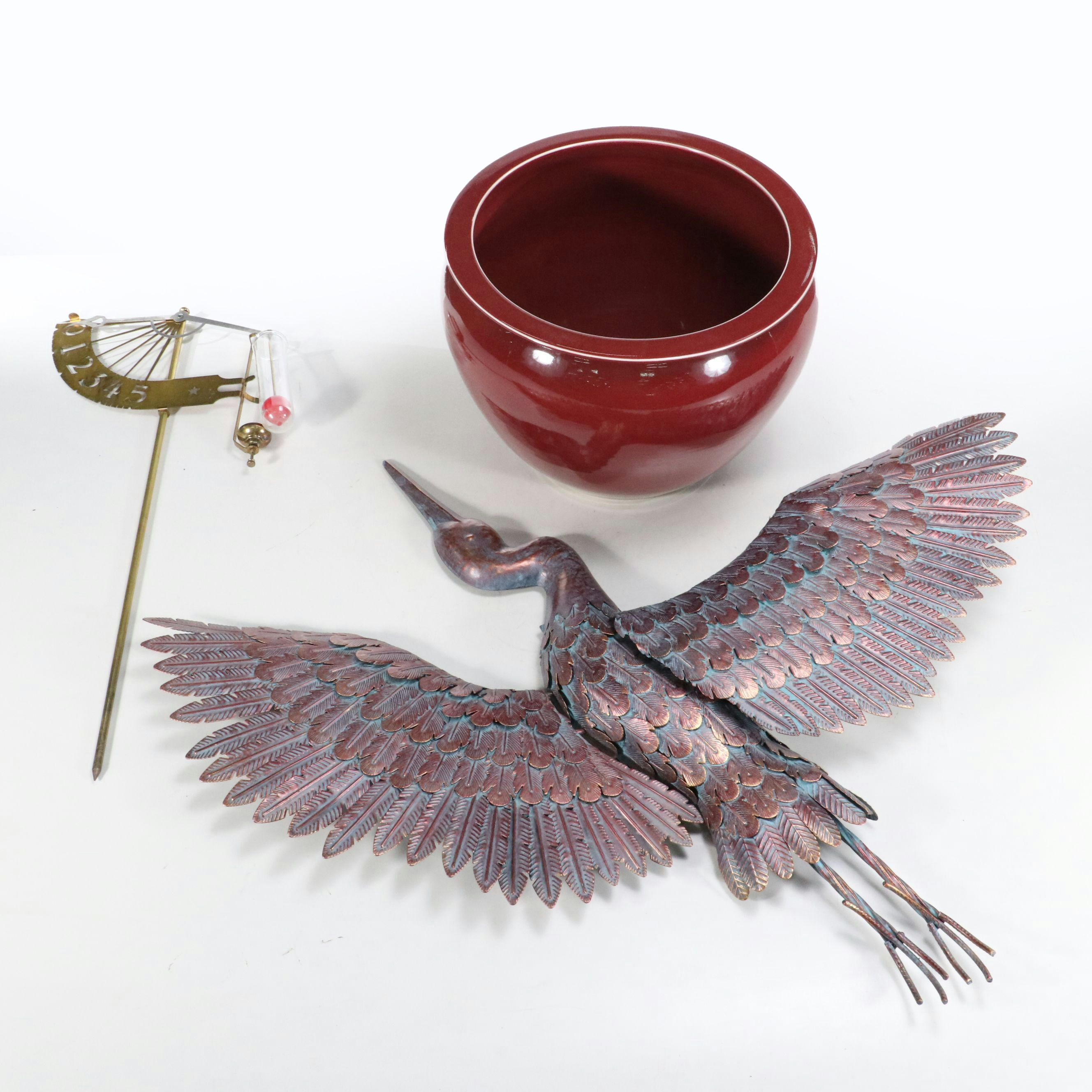 Ceramic Planter with Rain Gauge and Metal Bird Wall Hanging Décor