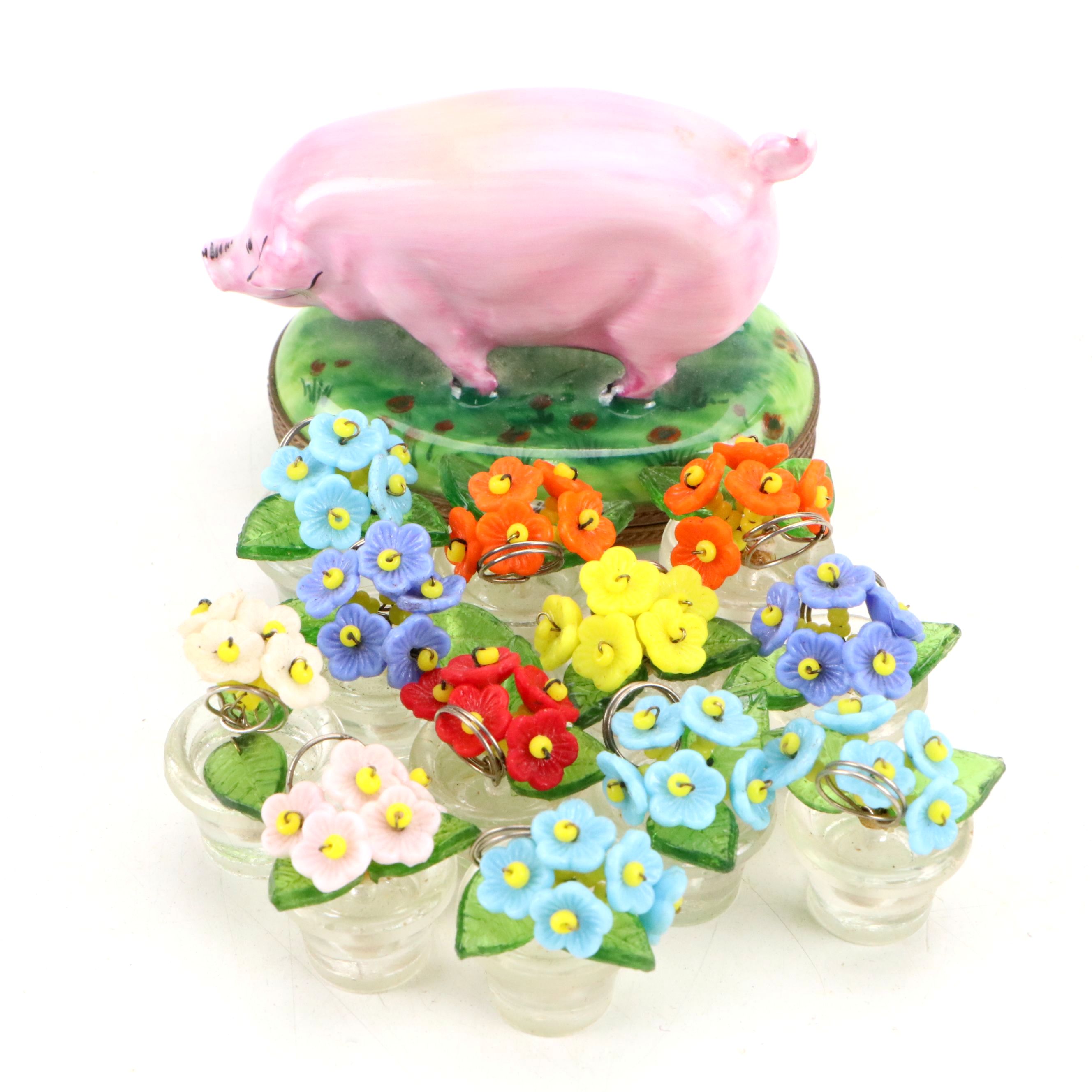 Rochard Pig Hand-Painted Porcelain Limoges Box with Other Plastic Floral Figures