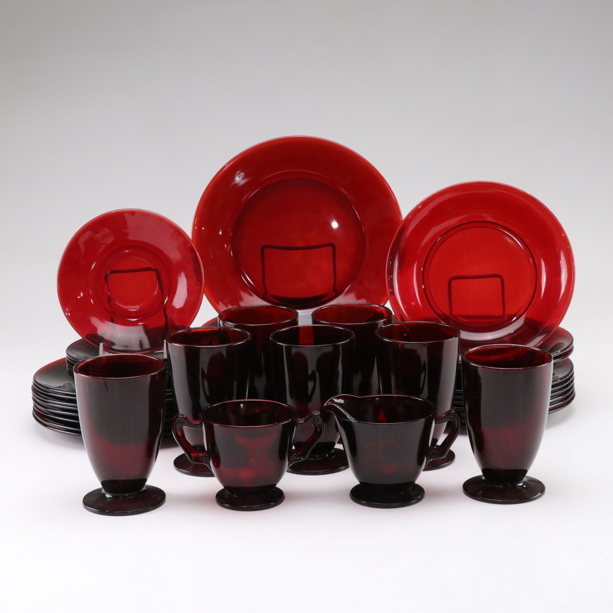 Anchor Hocking "Royal Ruby Red" Glass Dinnerware Set with Creamer and Sugar