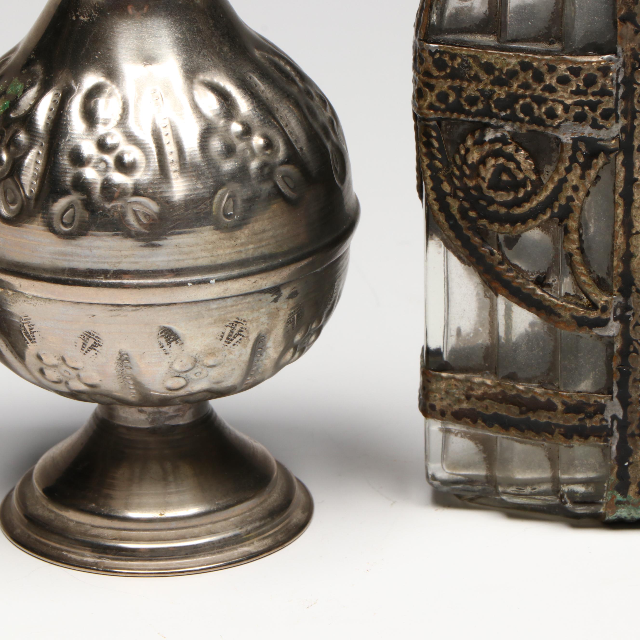 Repoussé Rosewater Metal Bottle with Glass and Metal Perfume Bottles