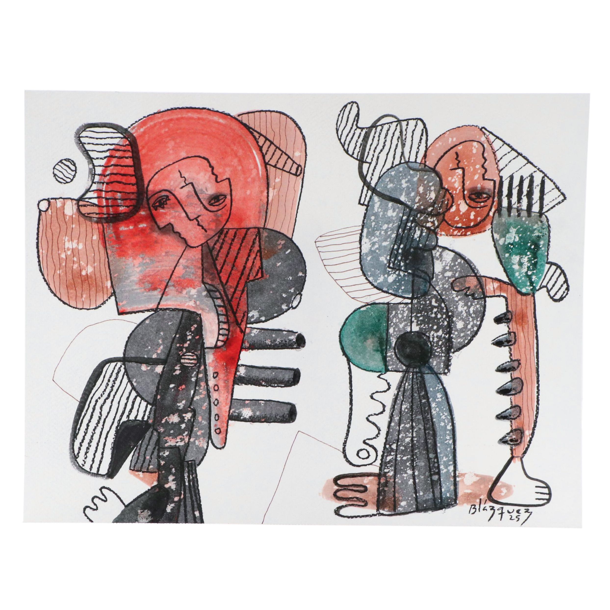 Michel Blázquez Surrealist Mixed Media Painting "Untitled Serie #48," 2025