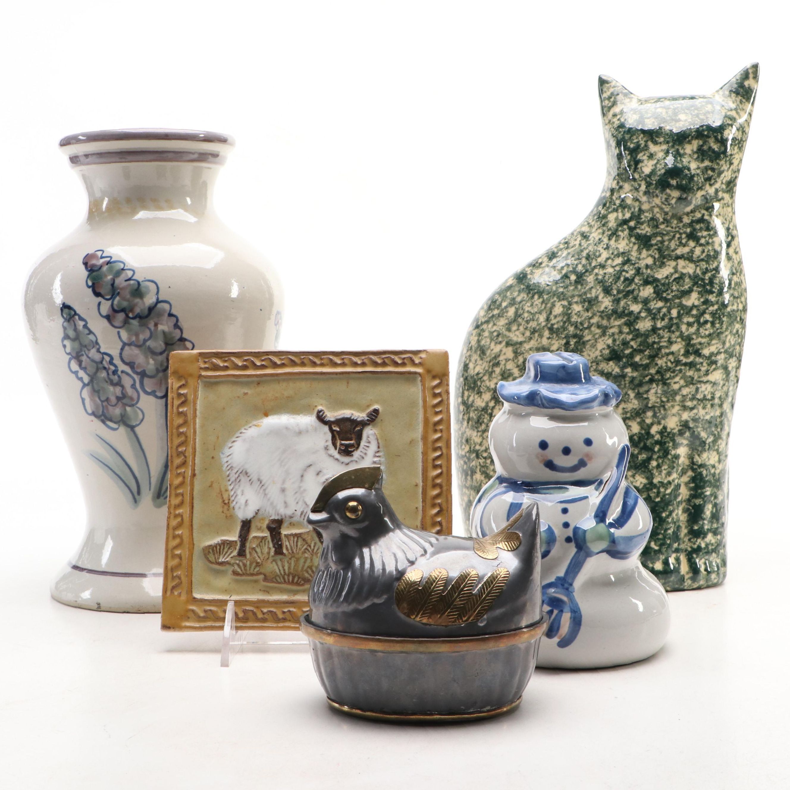Heaven & Earth Creations Spongeware Cat, Ceramic Sheep Tile, and More Décor