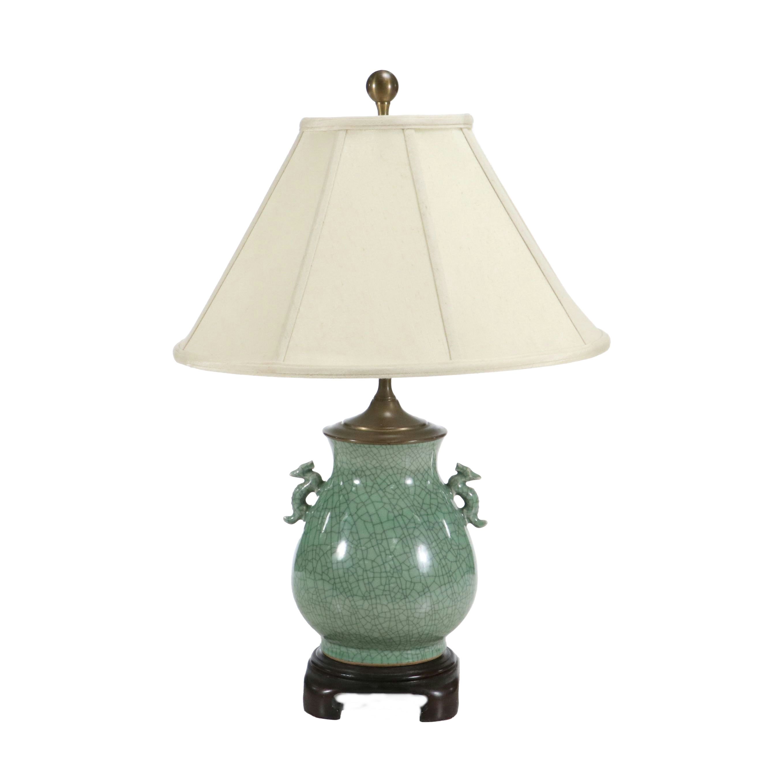 Chinese Celadon Glaze Hu Vase Lamp with Dragon Handles and Silk Shade