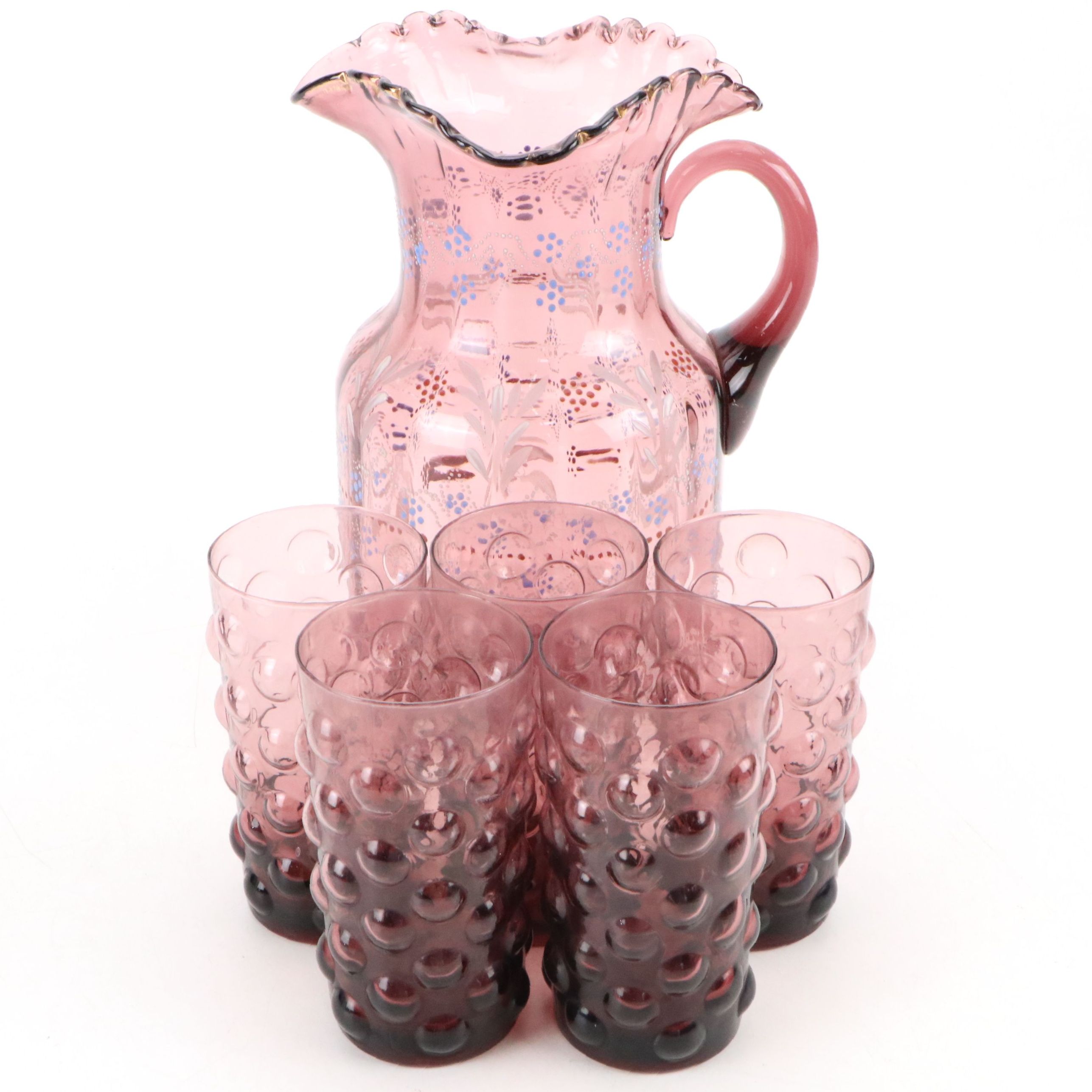 Victorian Style Ruffled Edge and Dimpled Amethyst Pitcher with Hobnail Tumblers