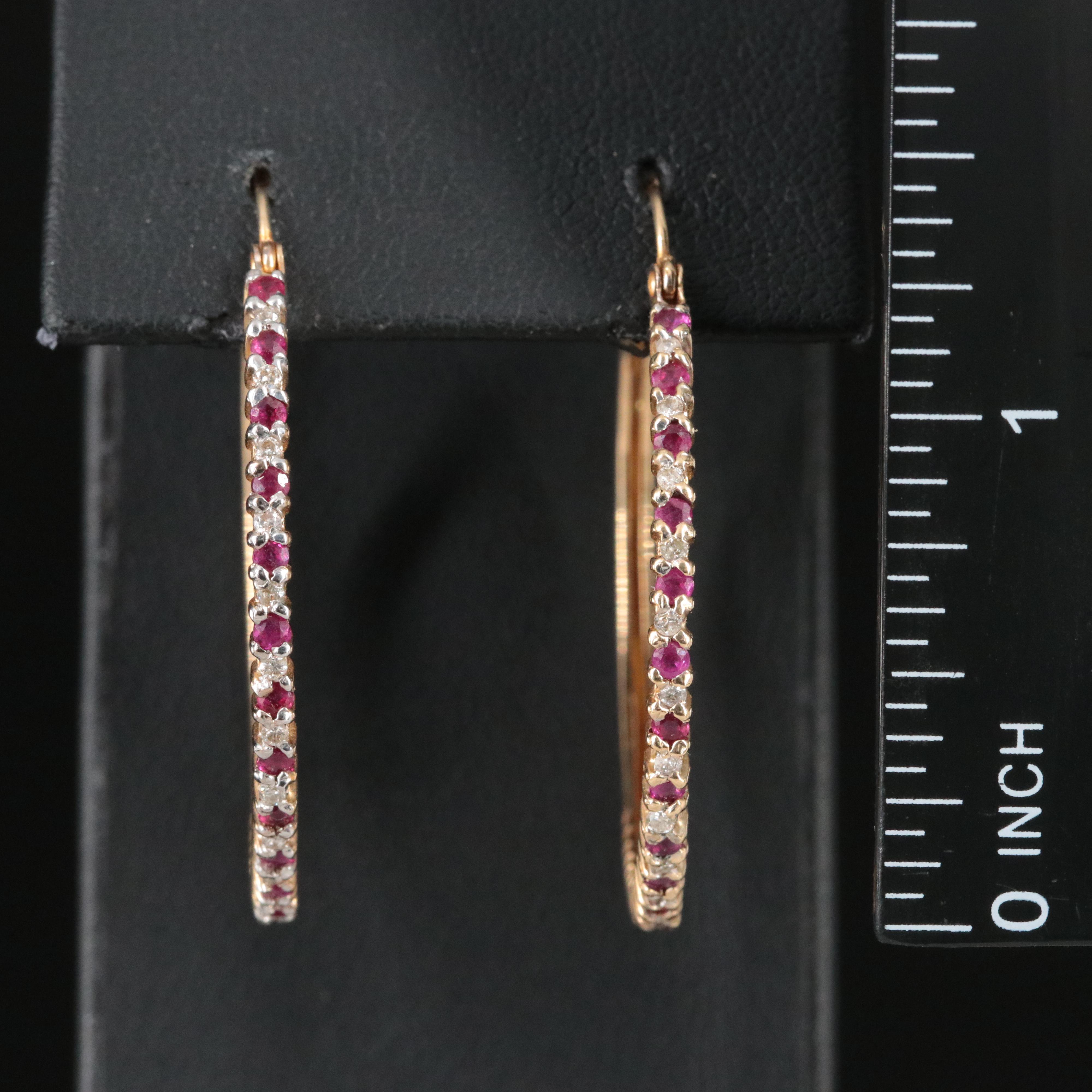 14K Diamond and Ruby Hoop Earrings