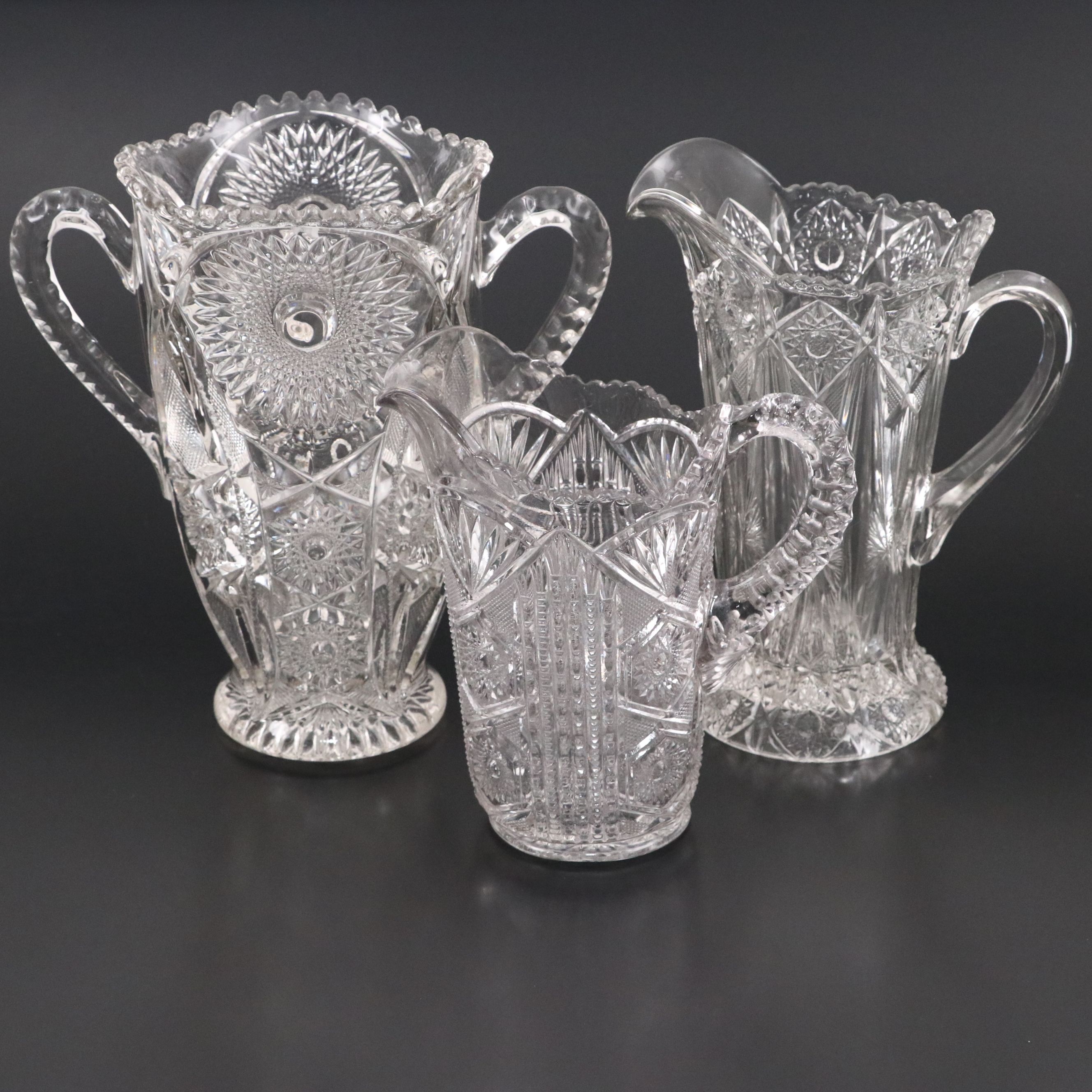 Cambridge Glass Double Handled Vase with Other EAPG Pitchers