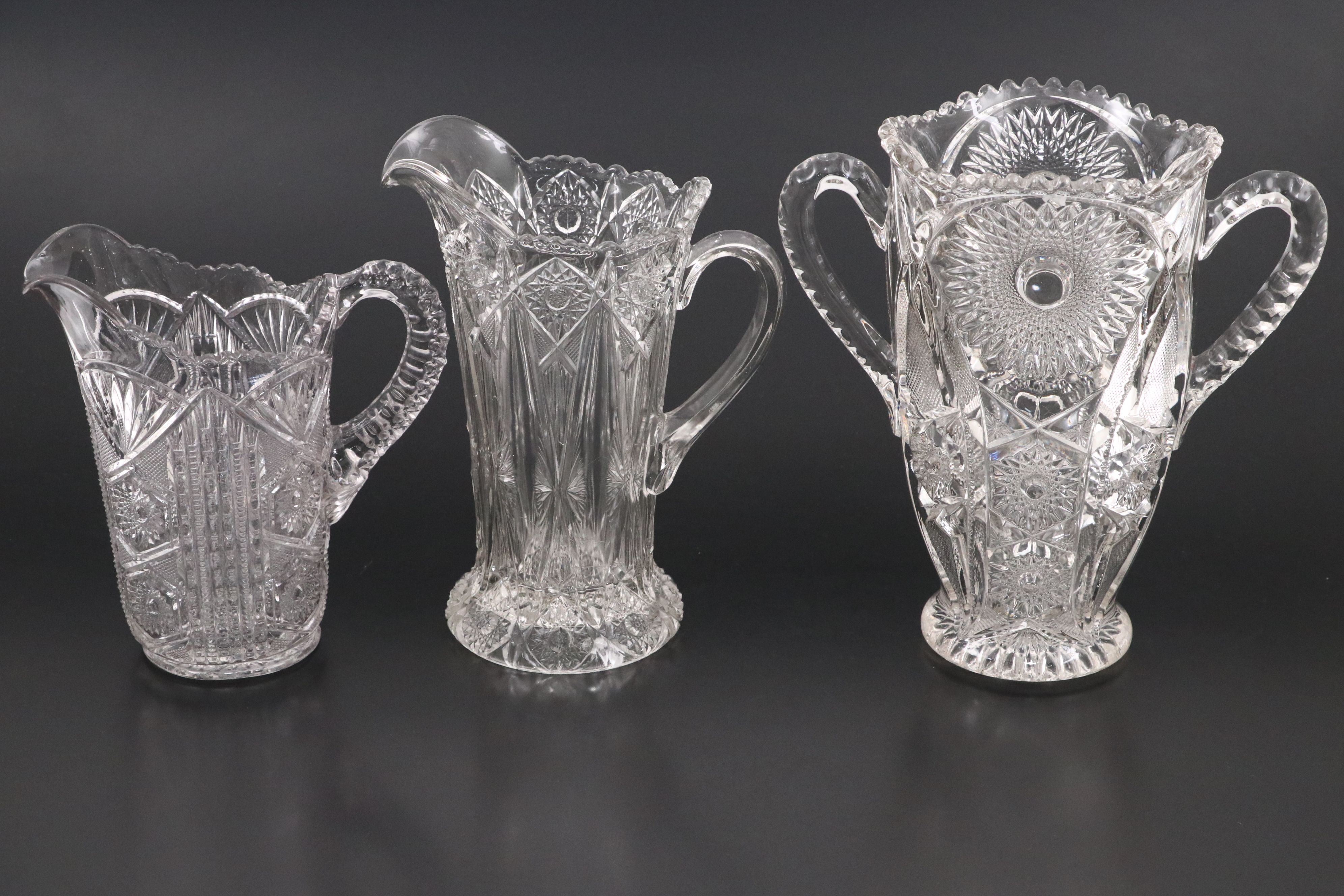 Cambridge Glass Double Handled Vase with Other EAPG Pitchers