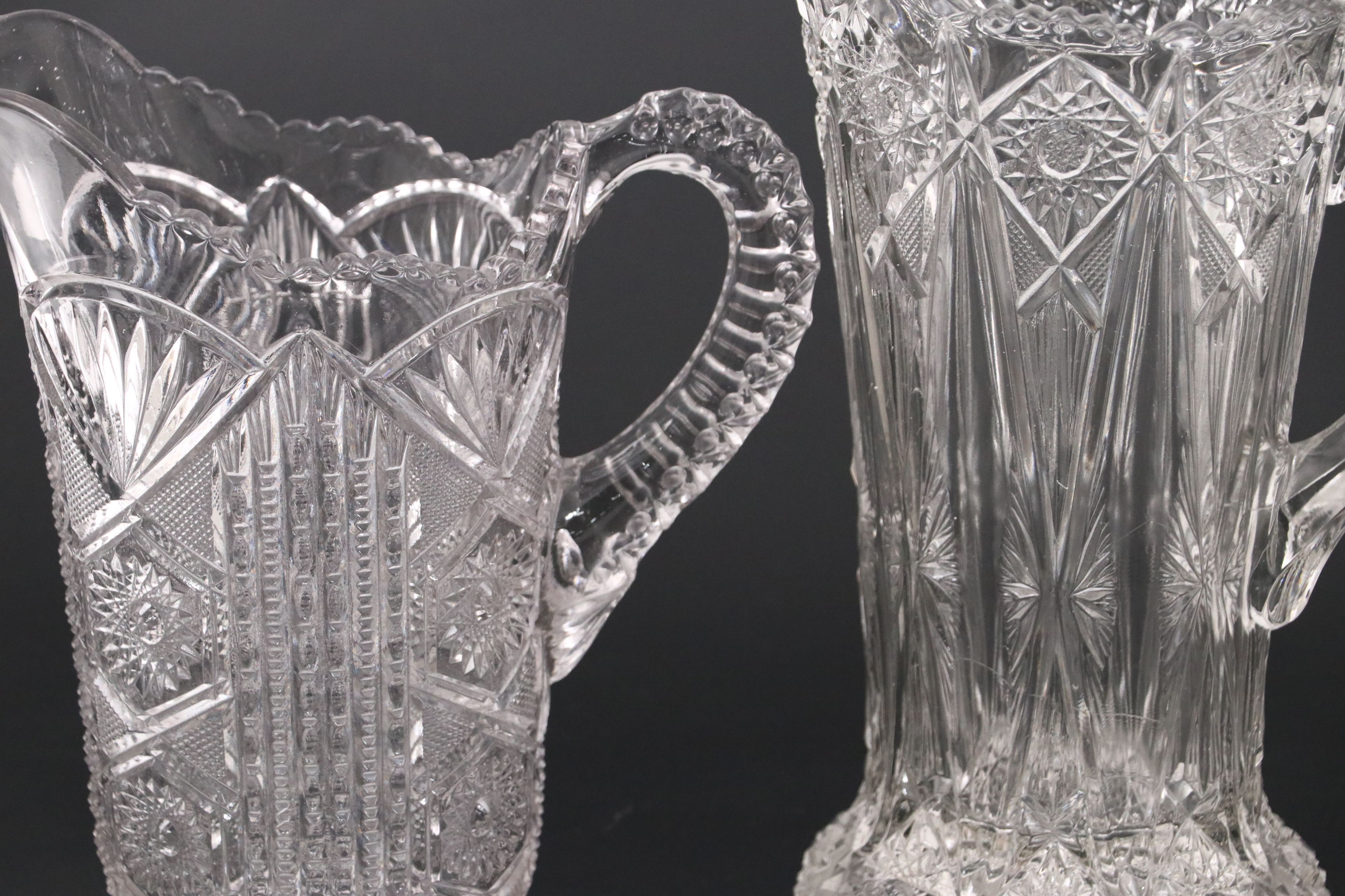 Cambridge Glass Double Handled Vase with Other EAPG Pitchers