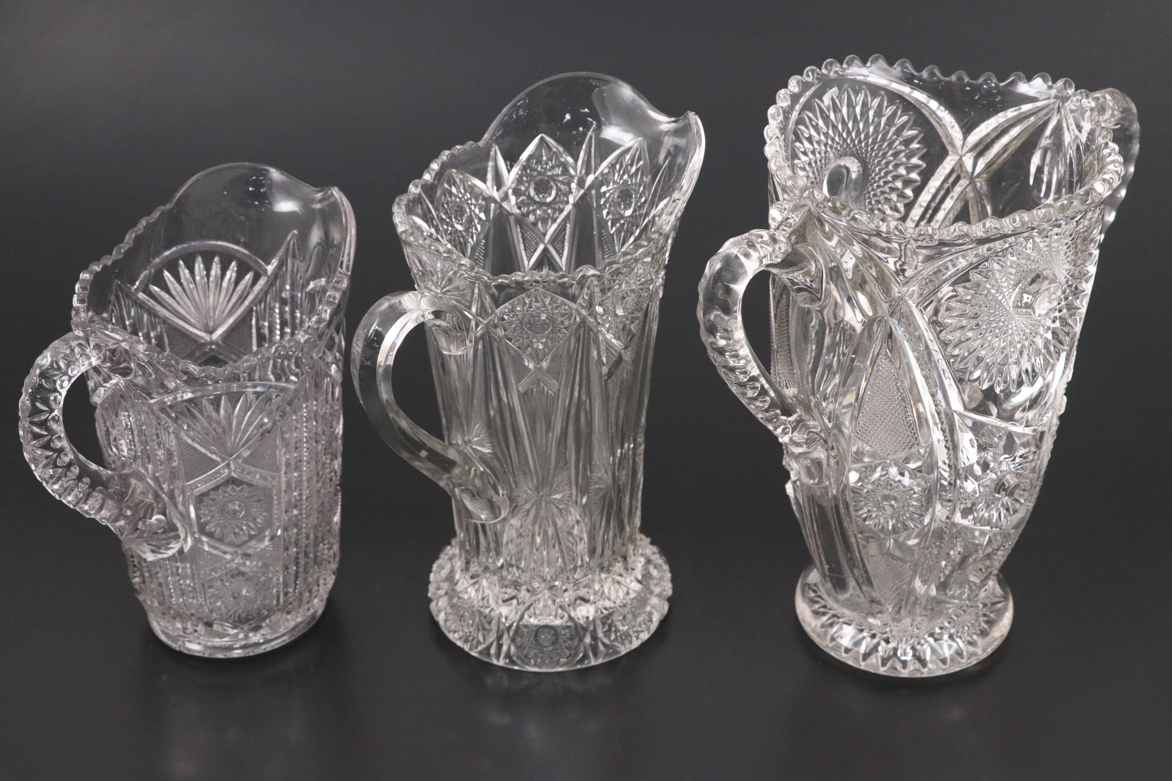 Cambridge Glass Double Handled Vase with Other EAPG Pitchers