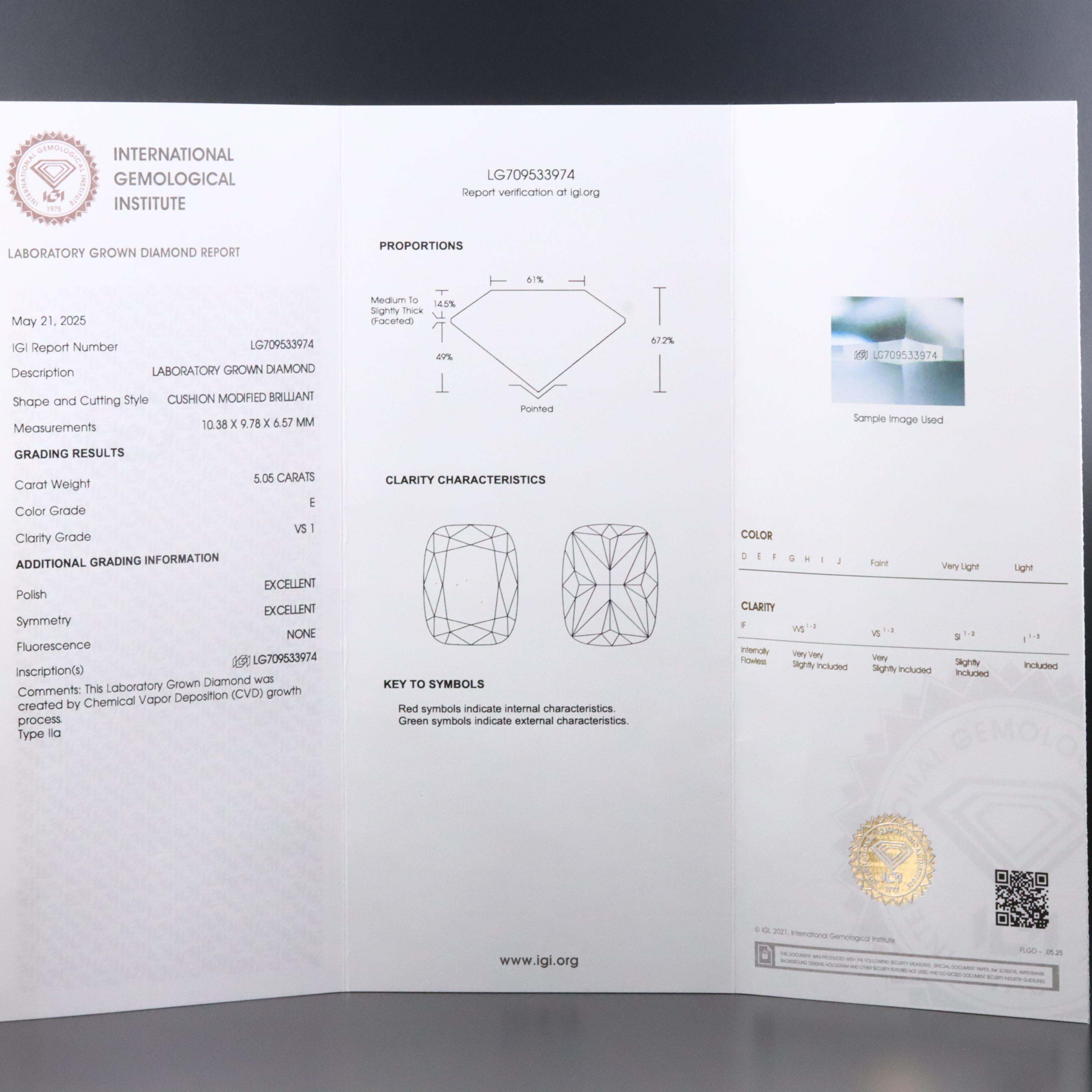 Loose 5.05 CT Lab Grown Diamond with IGI Report