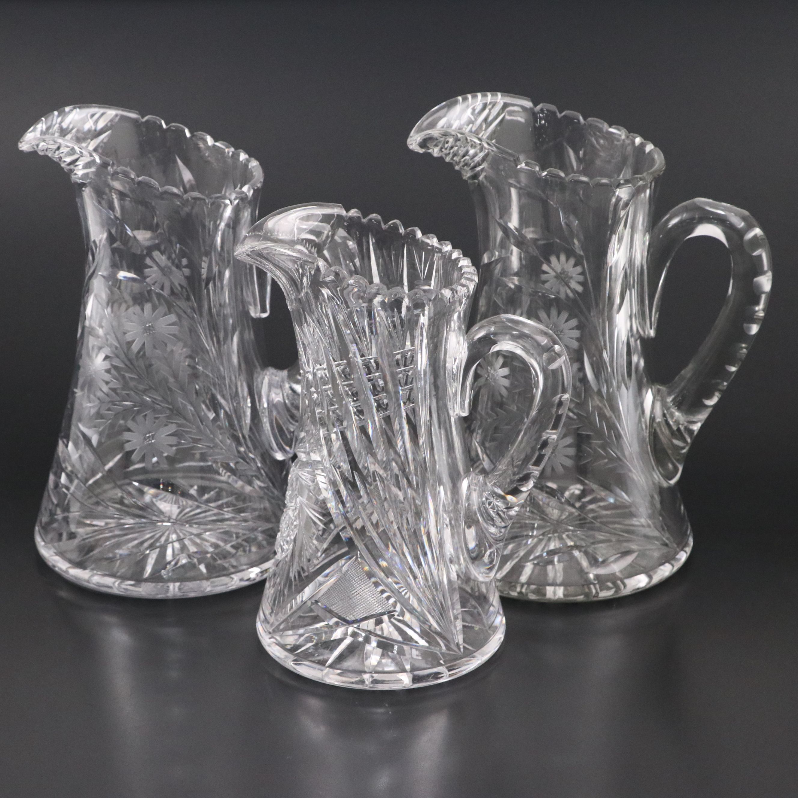 American Brilliant Style Cut Glass and Etched Pitchers, 20th Century