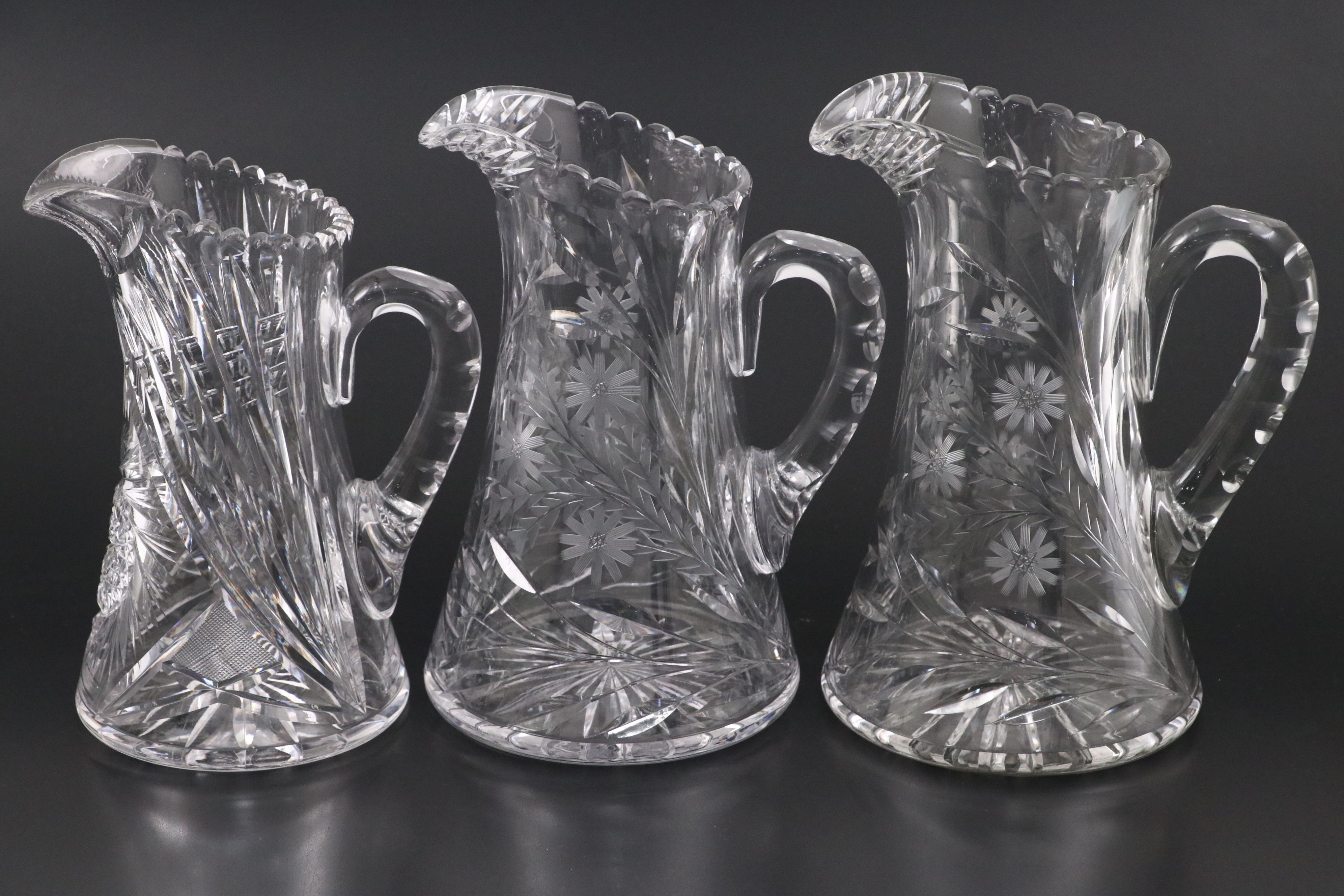 American Brilliant Style Cut Glass and Etched Pitchers, 20th Century