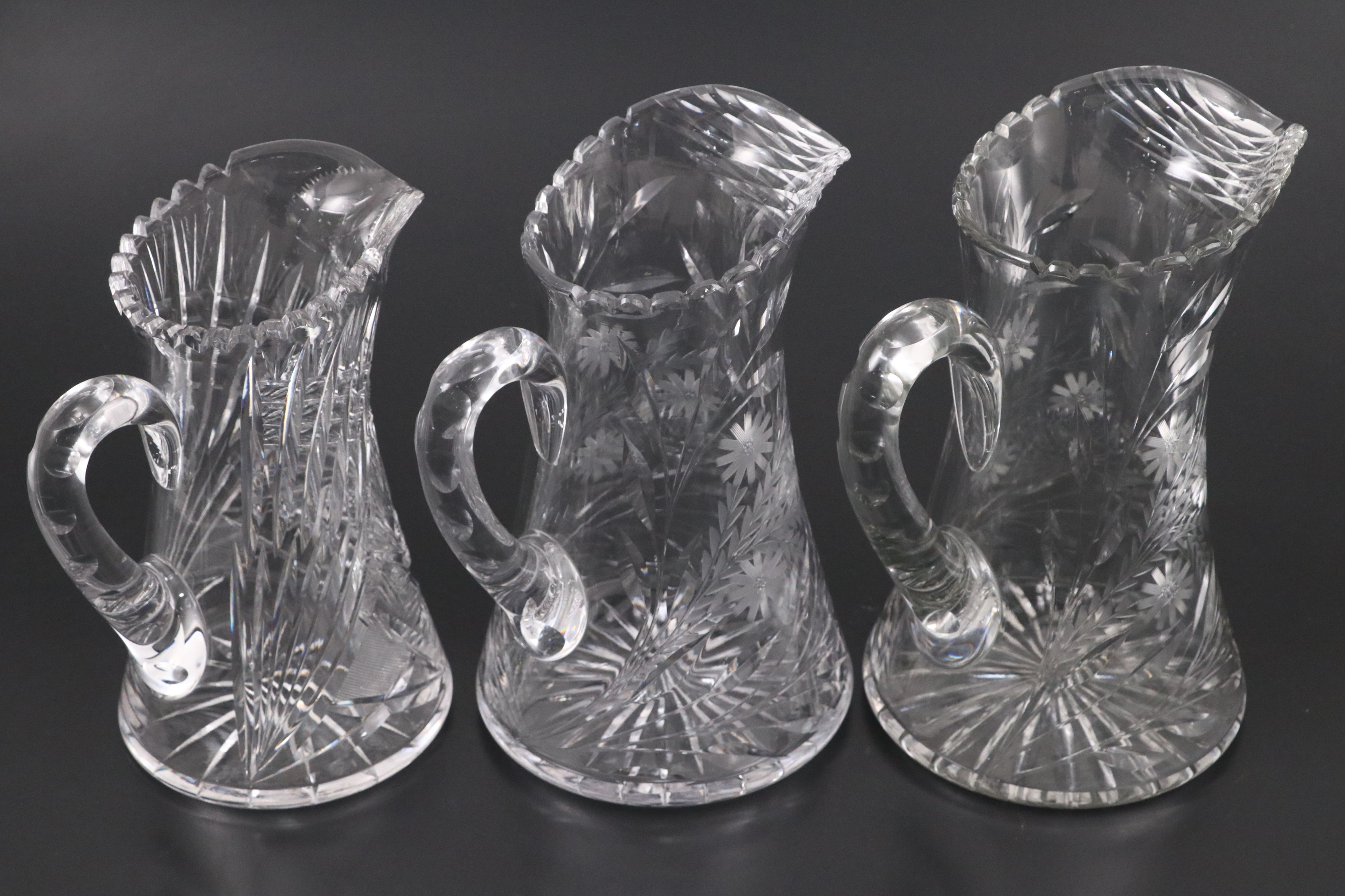 American Brilliant Style Cut Glass and Etched Pitchers, 20th Century