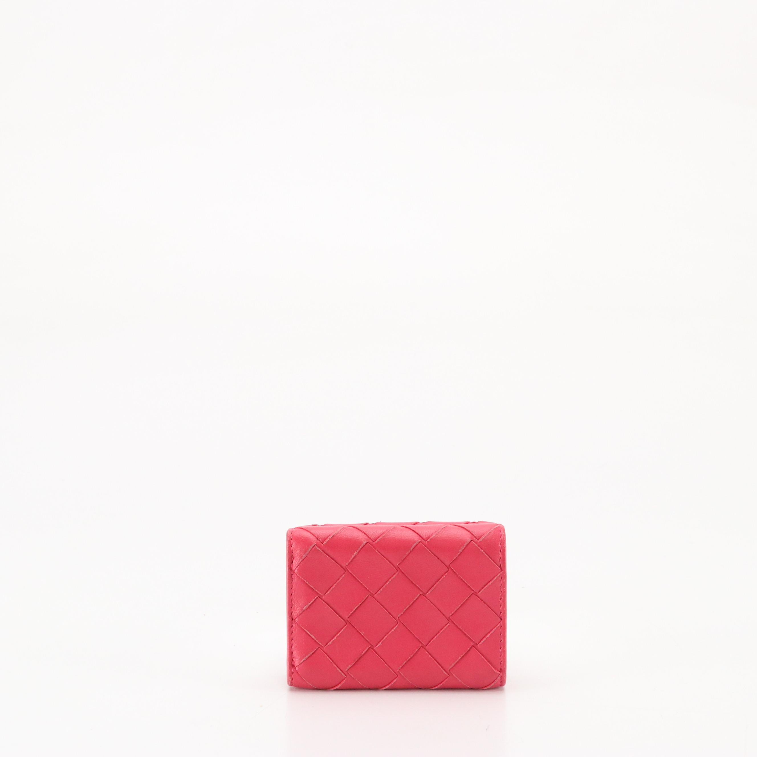 Bottega Veneta Mini Trifold Compact Wallet in Fuchsia Pink Intrecciato Leather