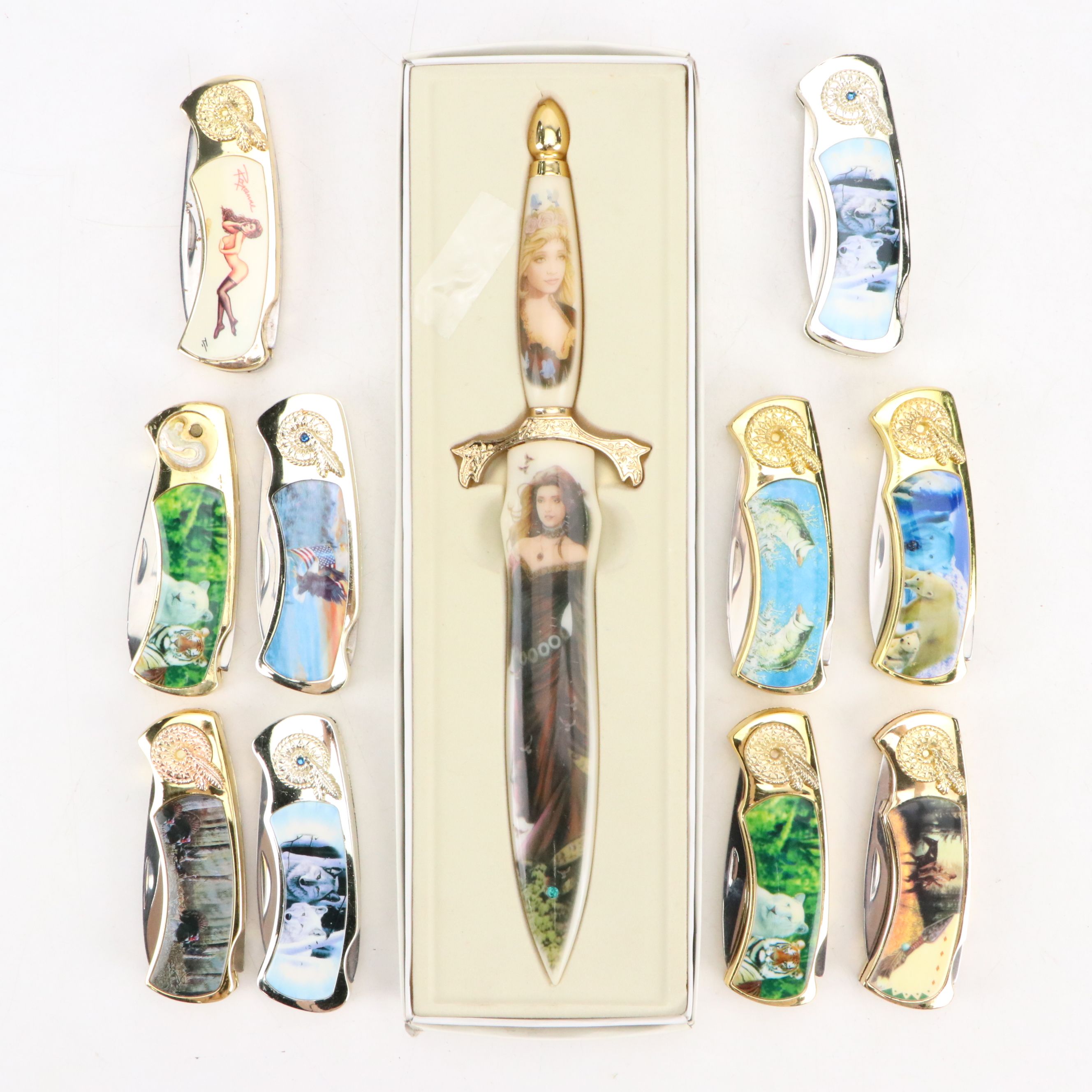 Gilt Metal and Enamel Novelty Pocket Knives with Tomahawk Brand Letter Opener