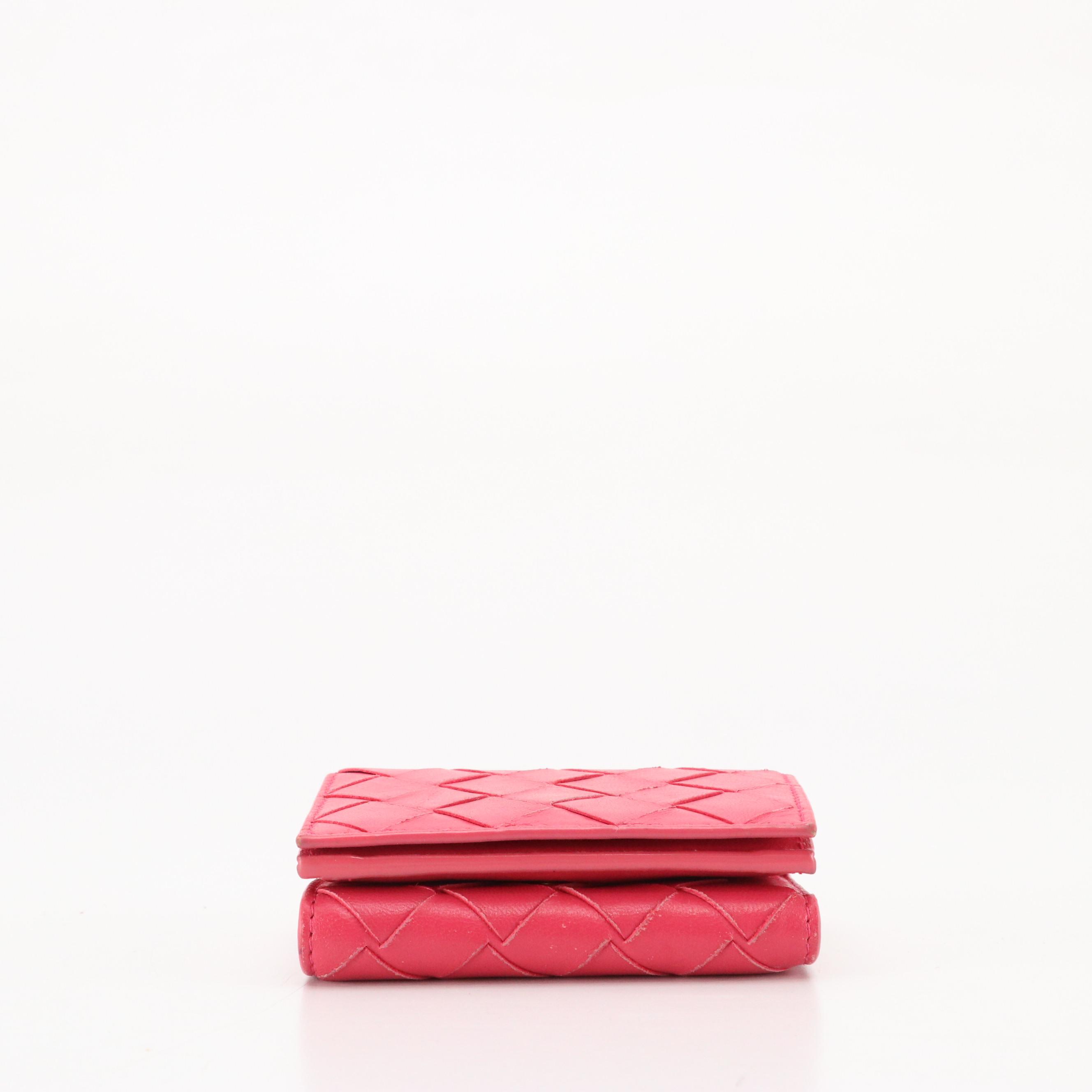 Bottega Veneta Mini Trifold Compact Wallet in Fuchsia Pink Intrecciato Leather