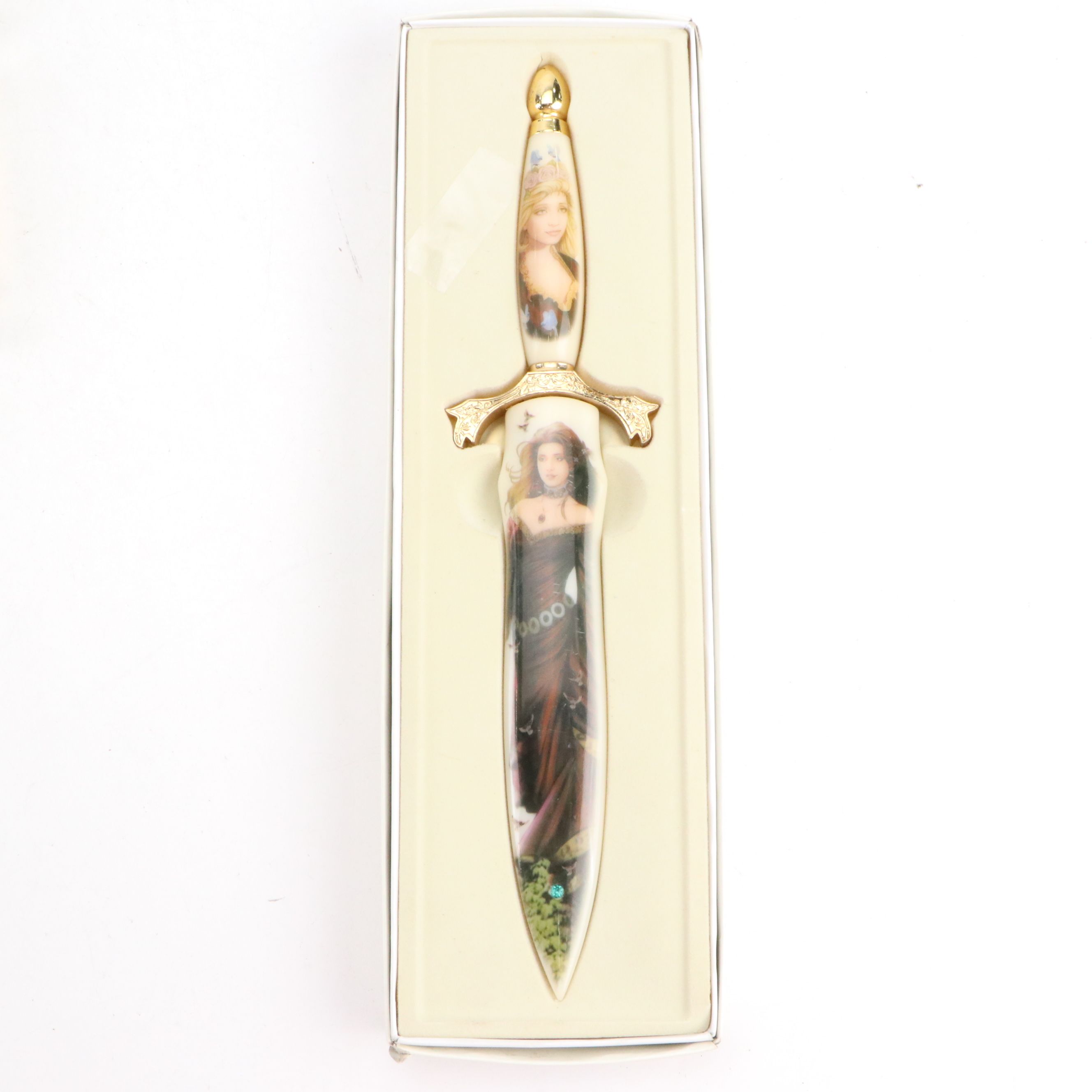 Gilt Metal and Enamel Novelty Pocket Knives with Tomahawk Brand Letter Opener