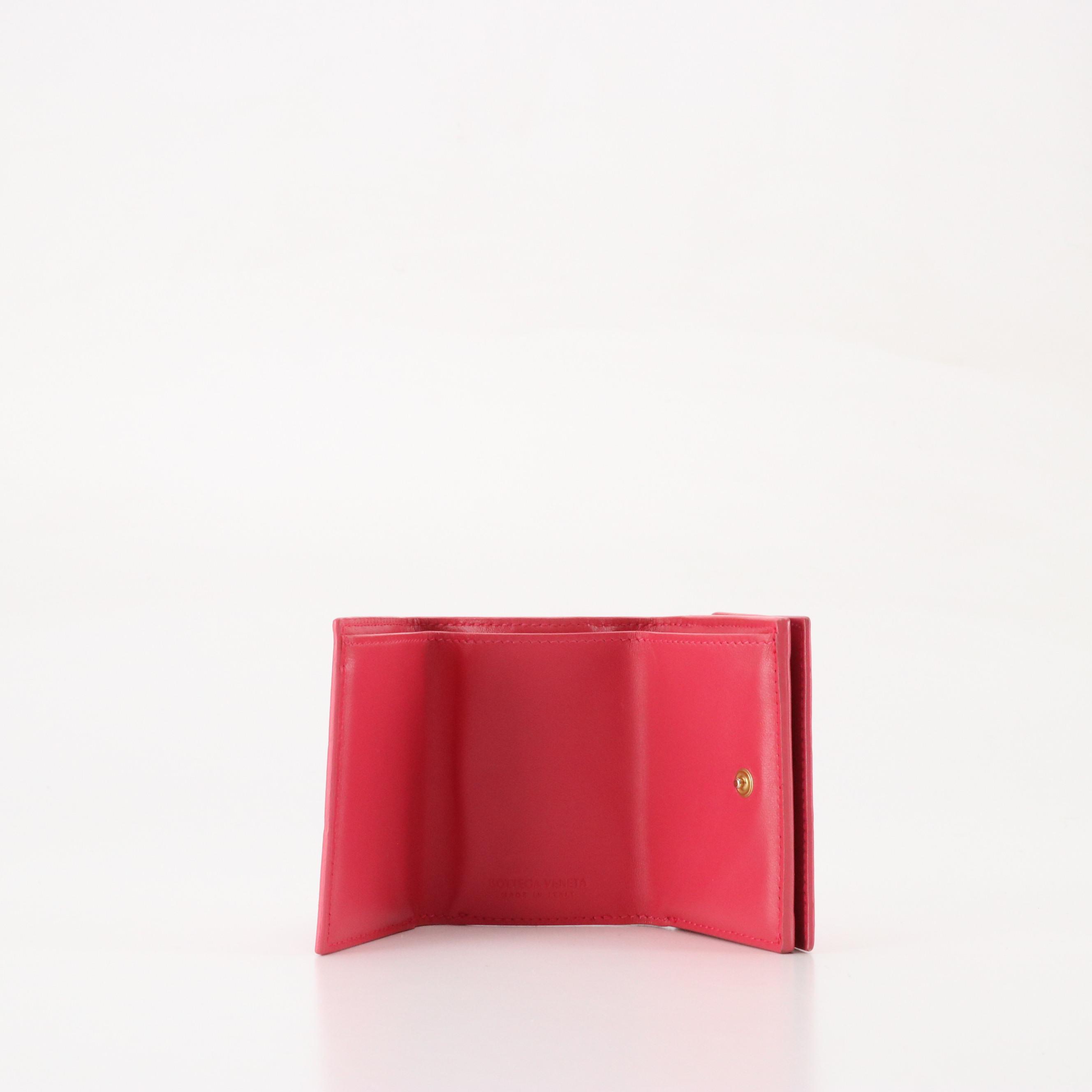 Bottega Veneta Mini Trifold Compact Wallet in Fuchsia Pink Intrecciato Leather