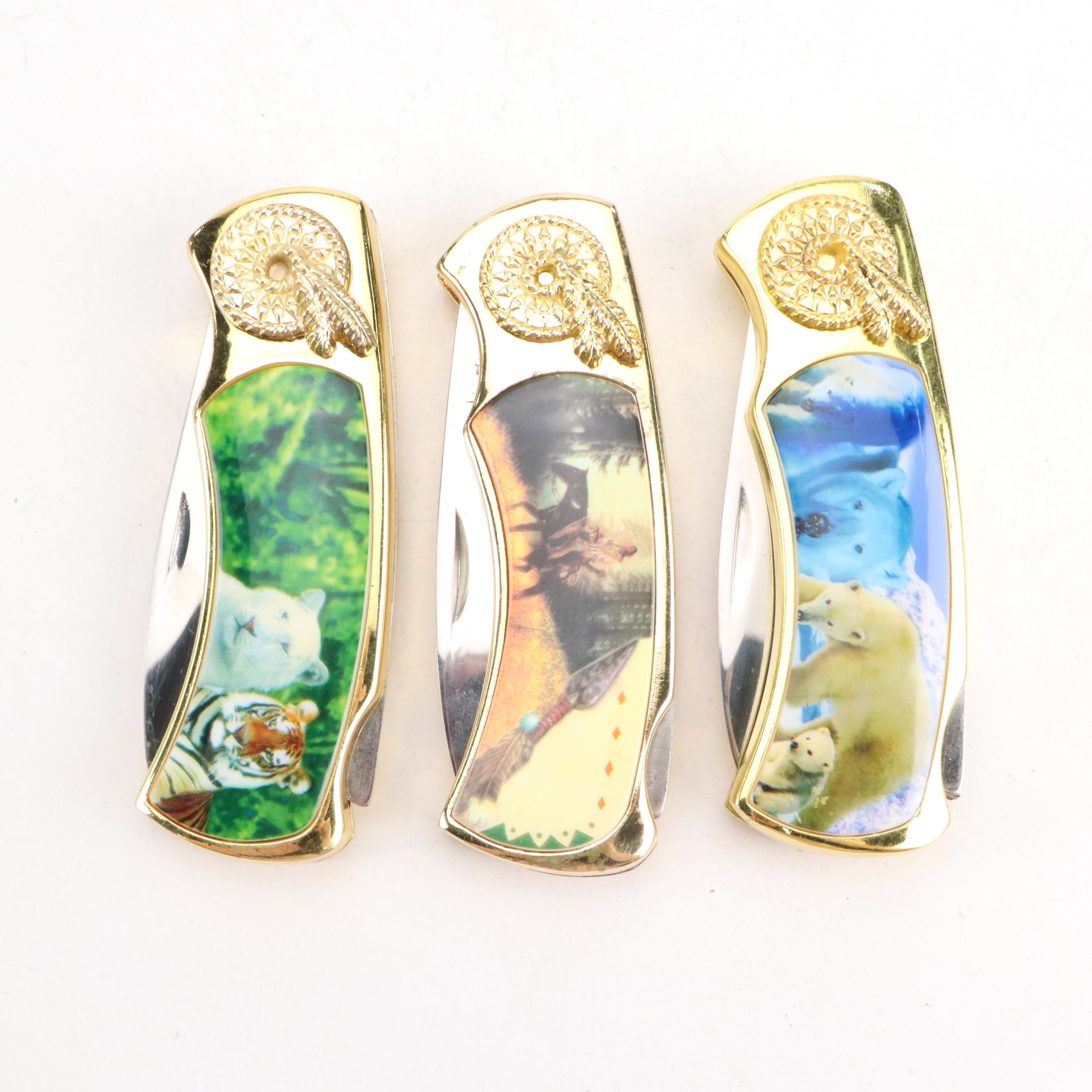 Gilt Metal and Enamel Novelty Pocket Knives with Tomahawk Brand Letter Opener