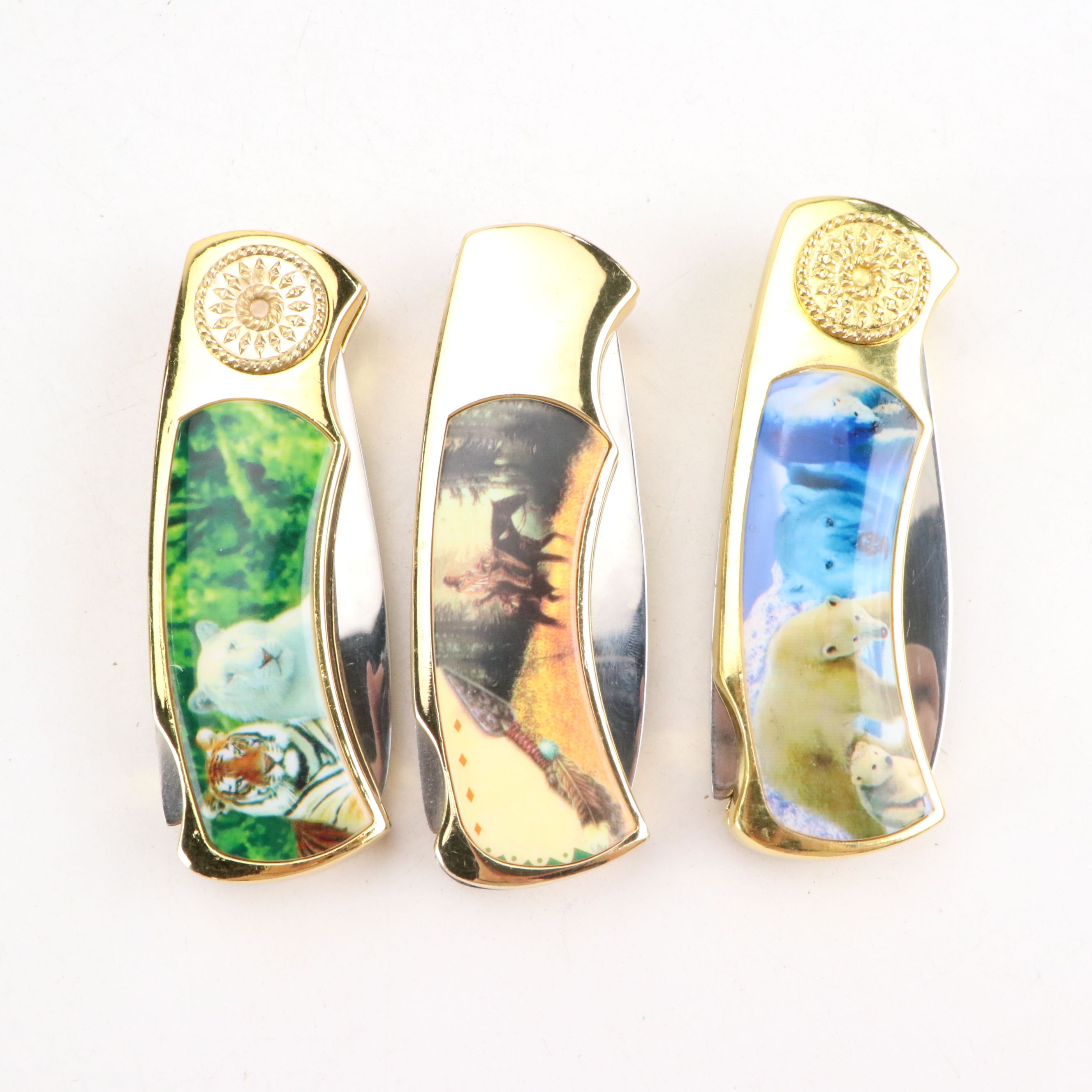 Gilt Metal and Enamel Novelty Pocket Knives with Tomahawk Brand Letter Opener