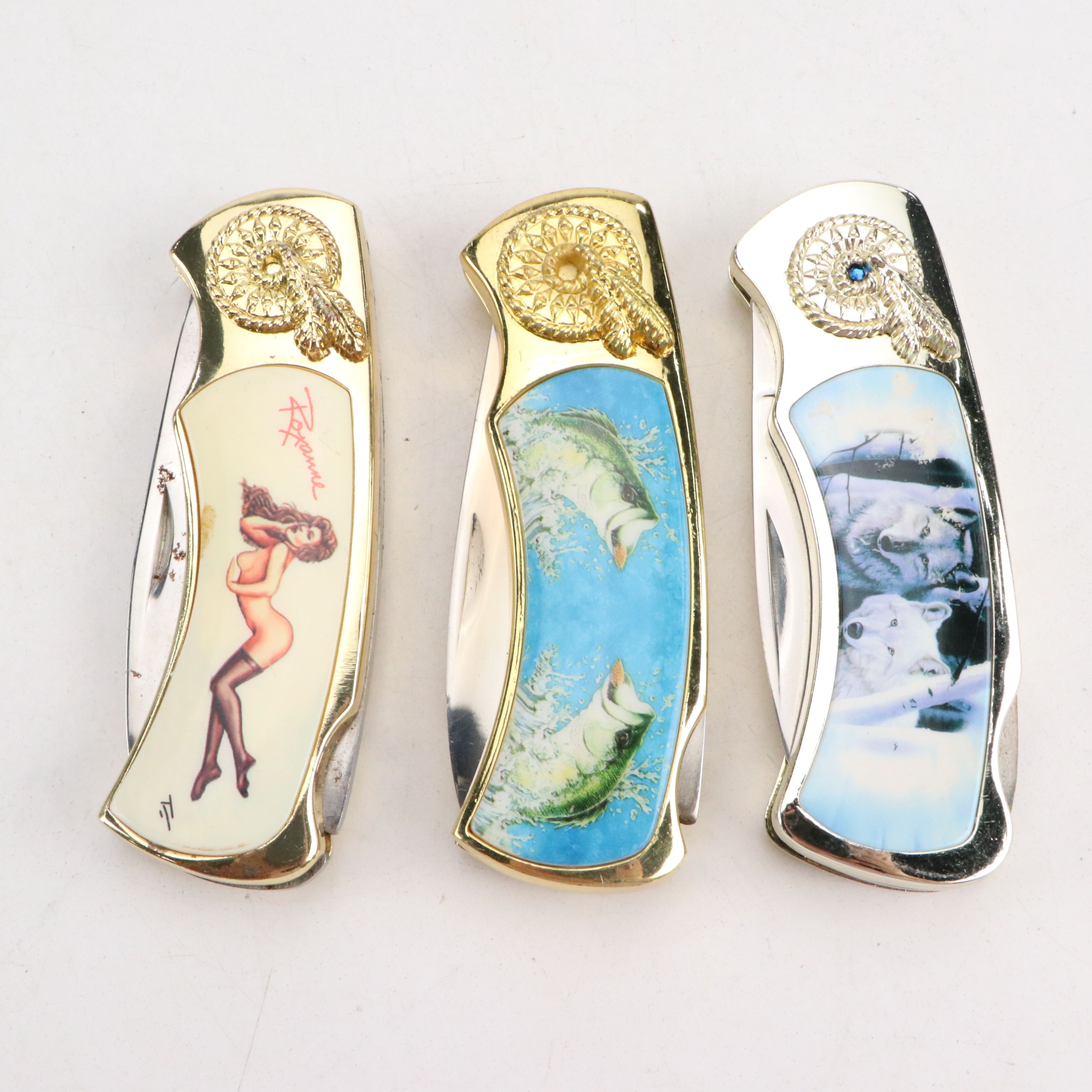 Gilt Metal and Enamel Novelty Pocket Knives with Tomahawk Brand Letter Opener