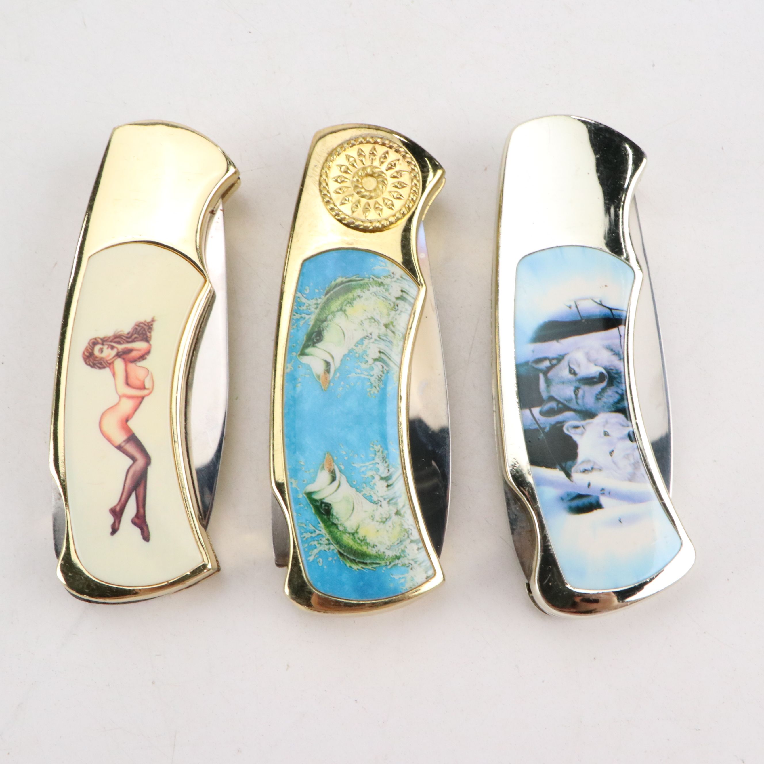 Gilt Metal and Enamel Novelty Pocket Knives with Tomahawk Brand Letter Opener