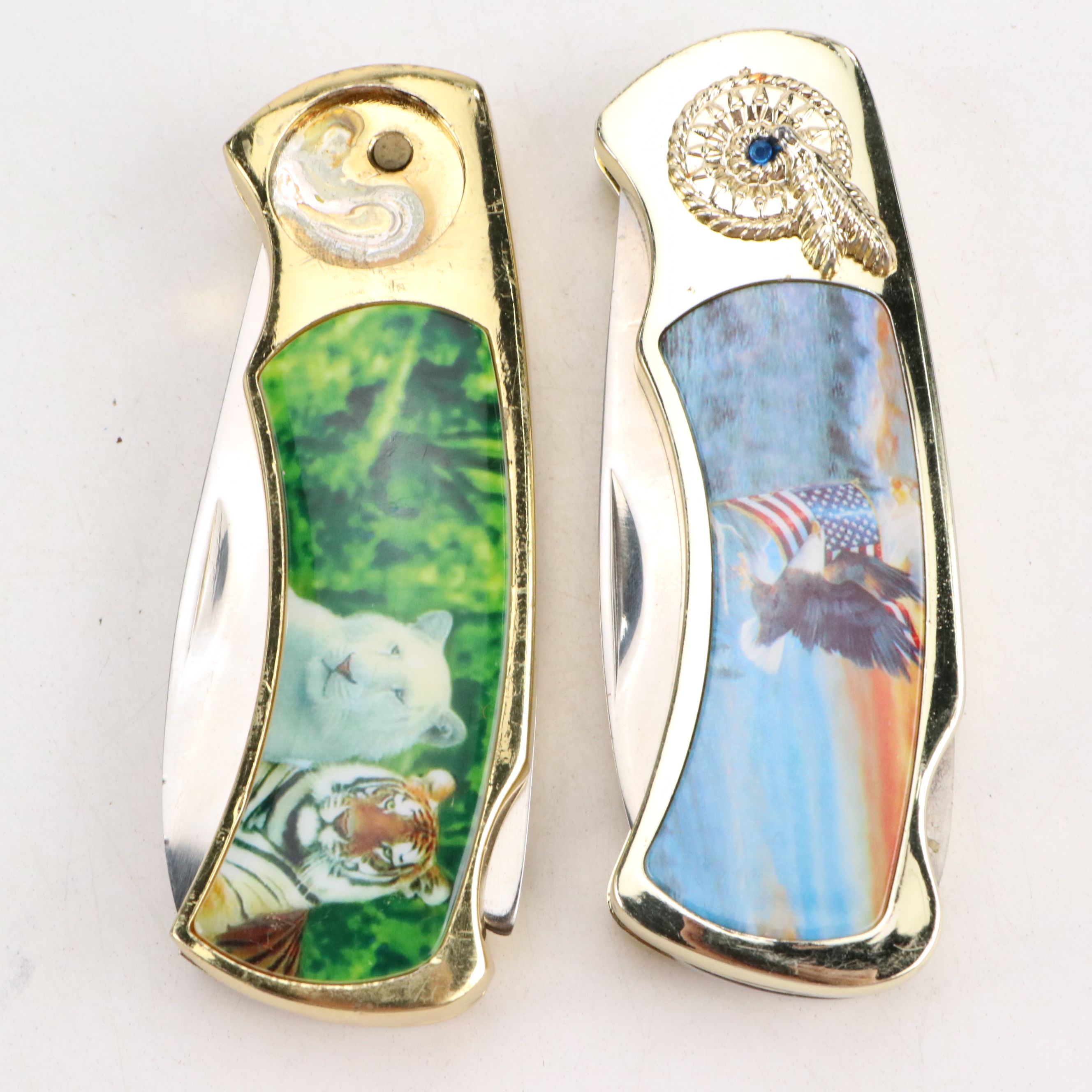 Gilt Metal and Enamel Novelty Pocket Knives with Tomahawk Brand Letter Opener