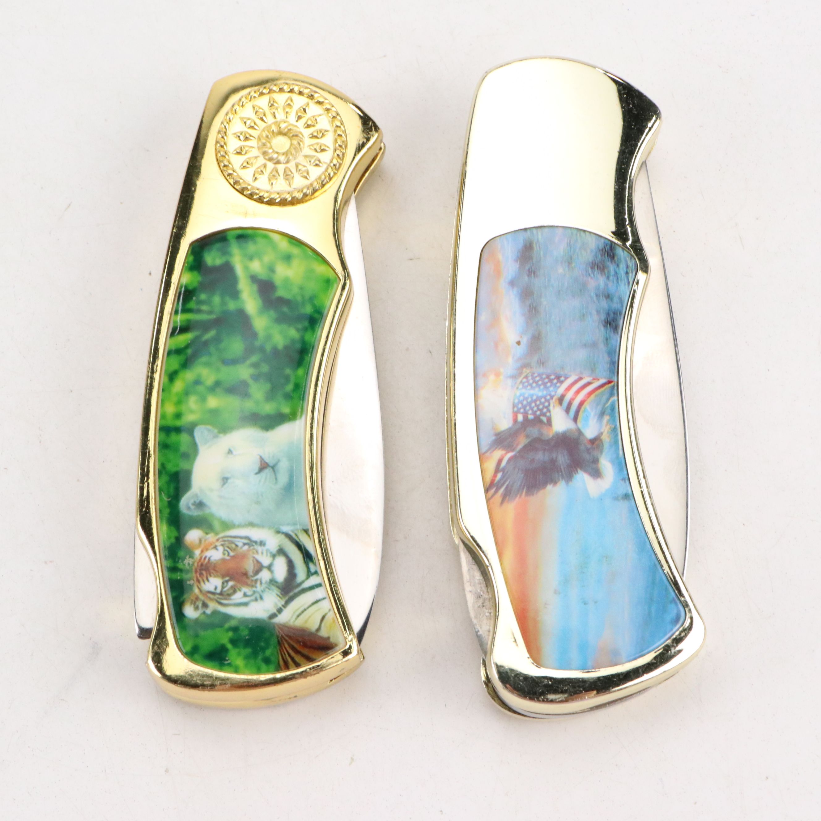 Gilt Metal and Enamel Novelty Pocket Knives with Tomahawk Brand Letter Opener
