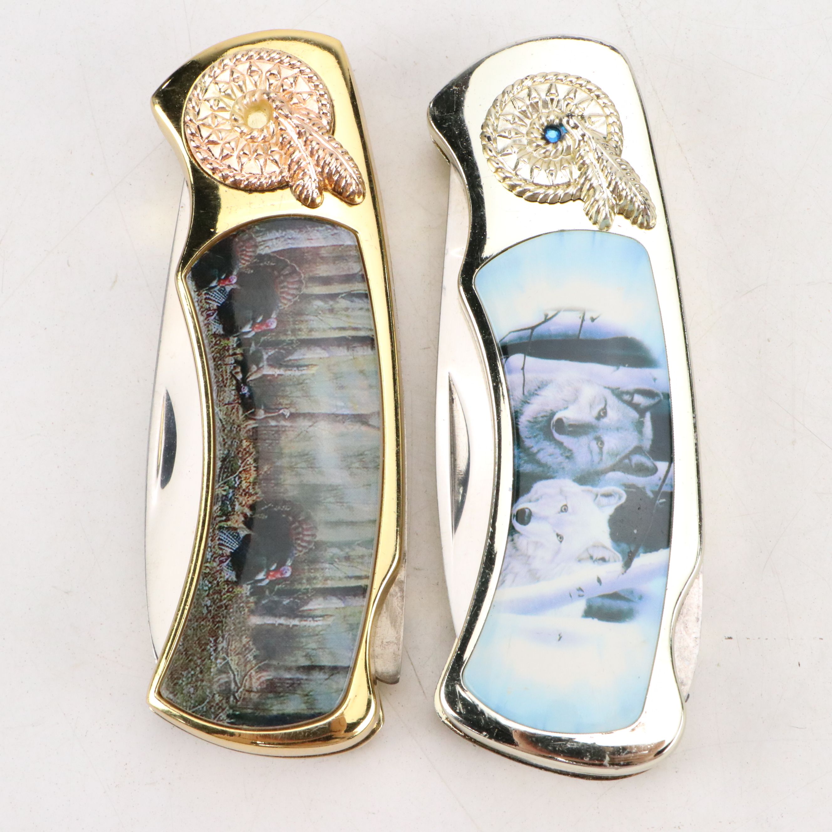 Gilt Metal and Enamel Novelty Pocket Knives with Tomahawk Brand Letter Opener
