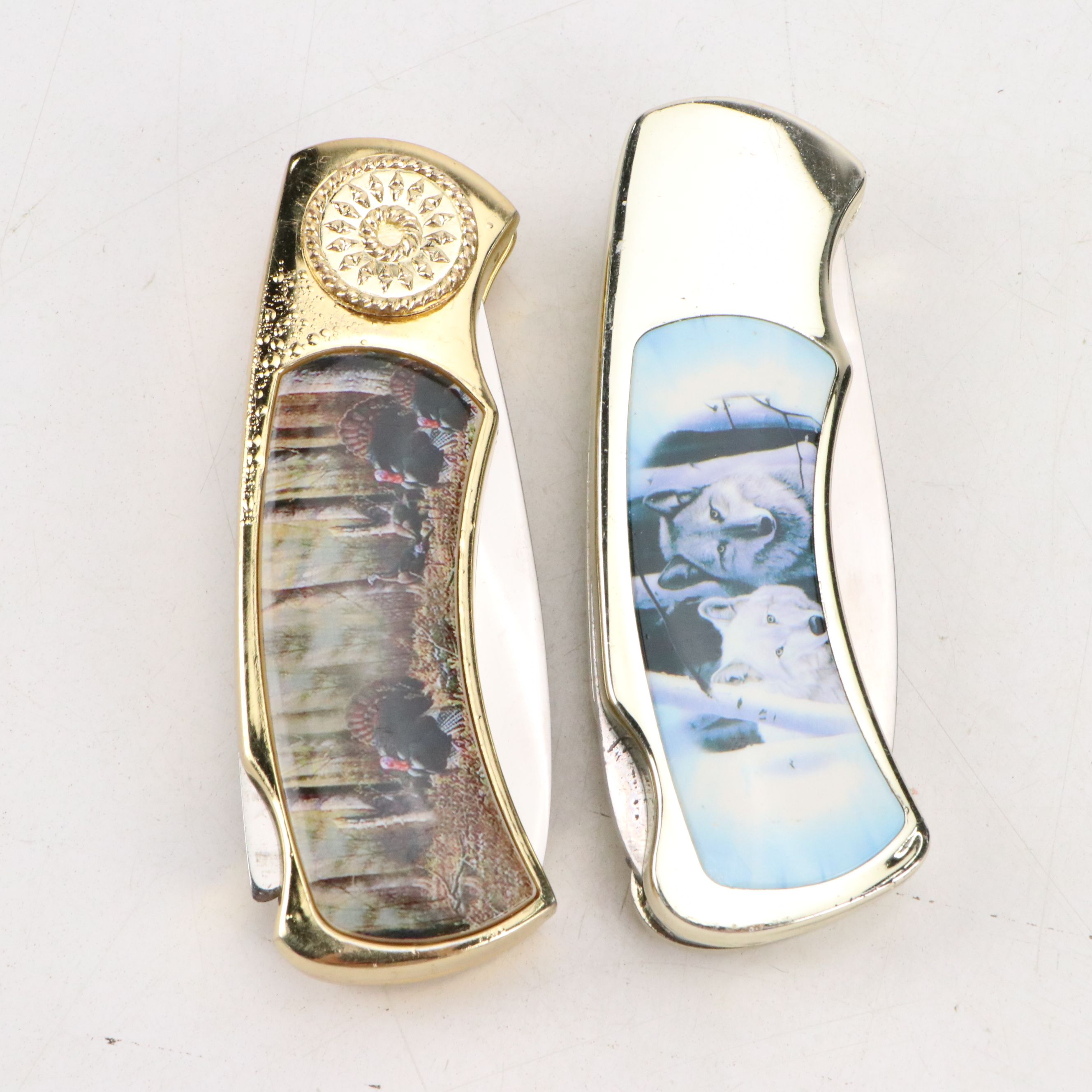 Gilt Metal and Enamel Novelty Pocket Knives with Tomahawk Brand Letter Opener