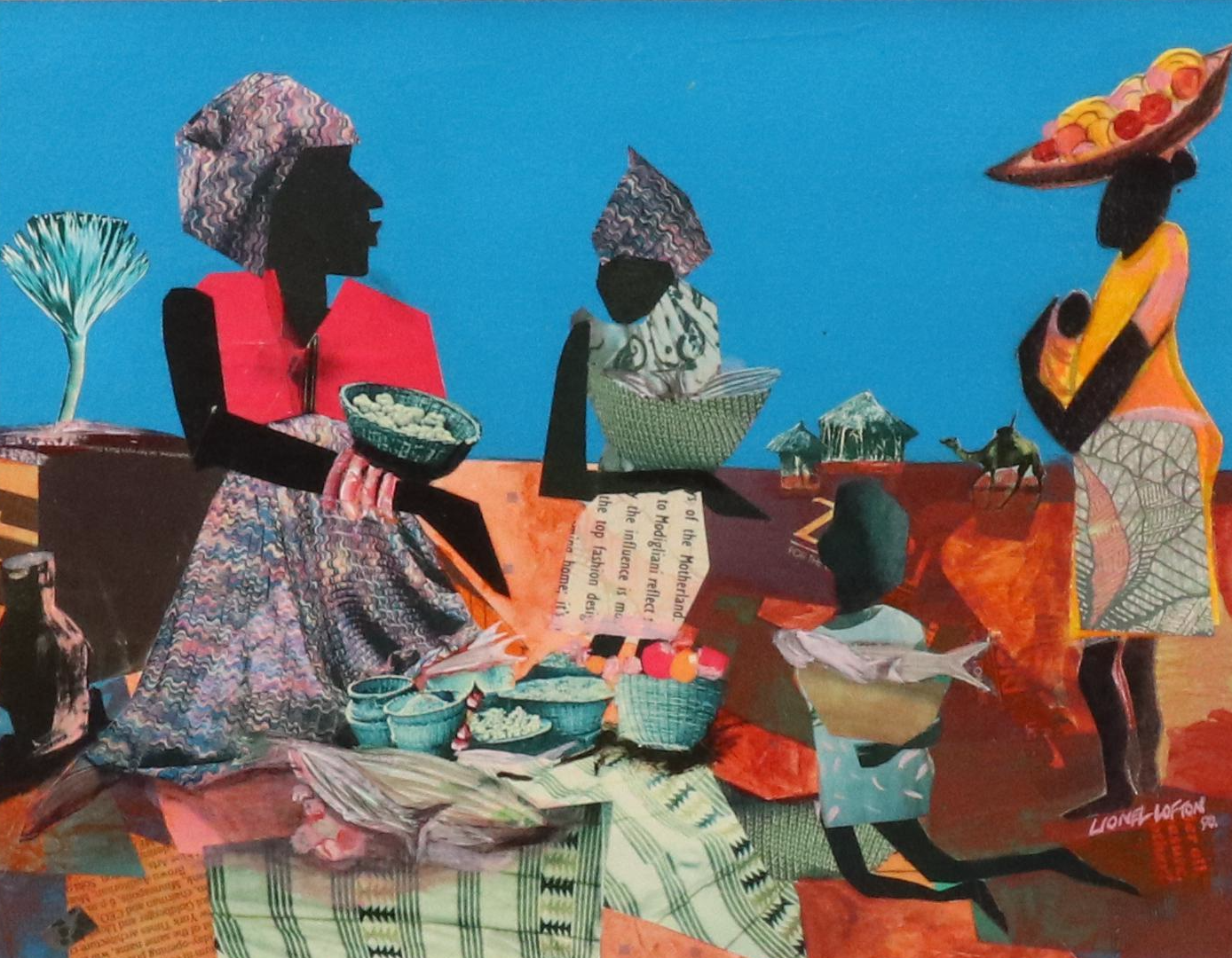 Lionel Lofton Mixed Media Collage of Women in Village Scene, 1990