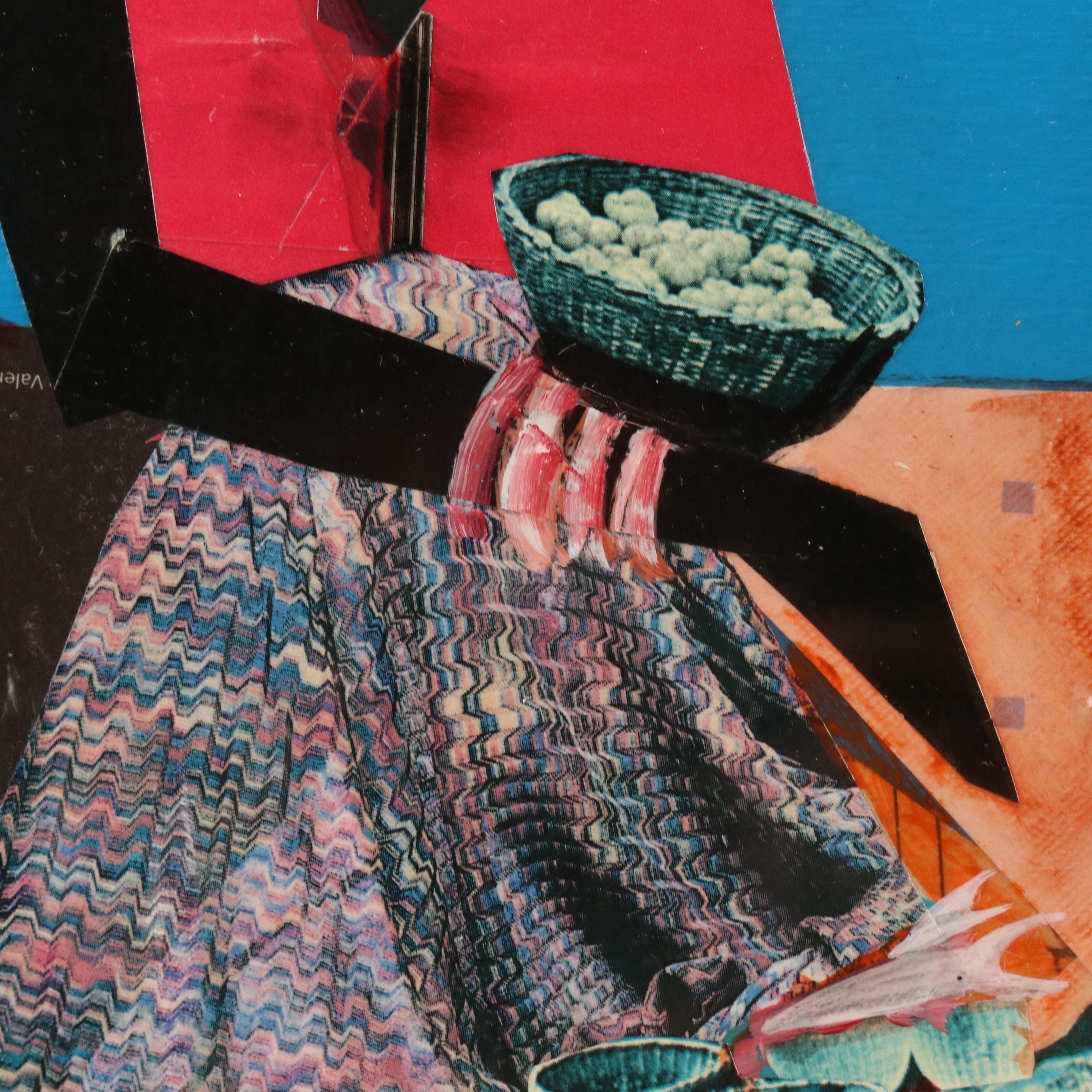 Lionel Lofton Mixed Media Collage of Women in Village Scene, 1990