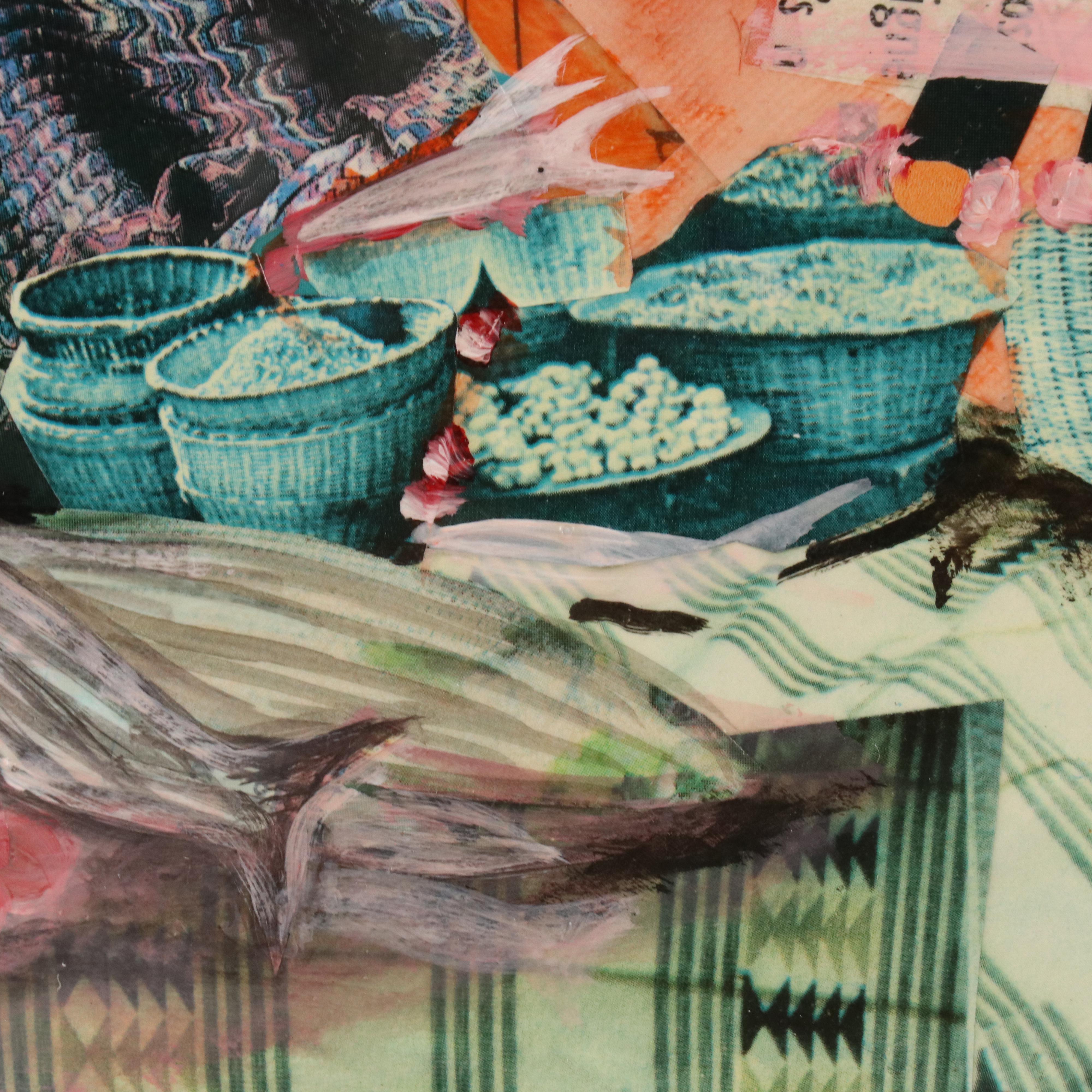 Lionel Lofton Mixed Media Collage of Women in Village Scene, 1990