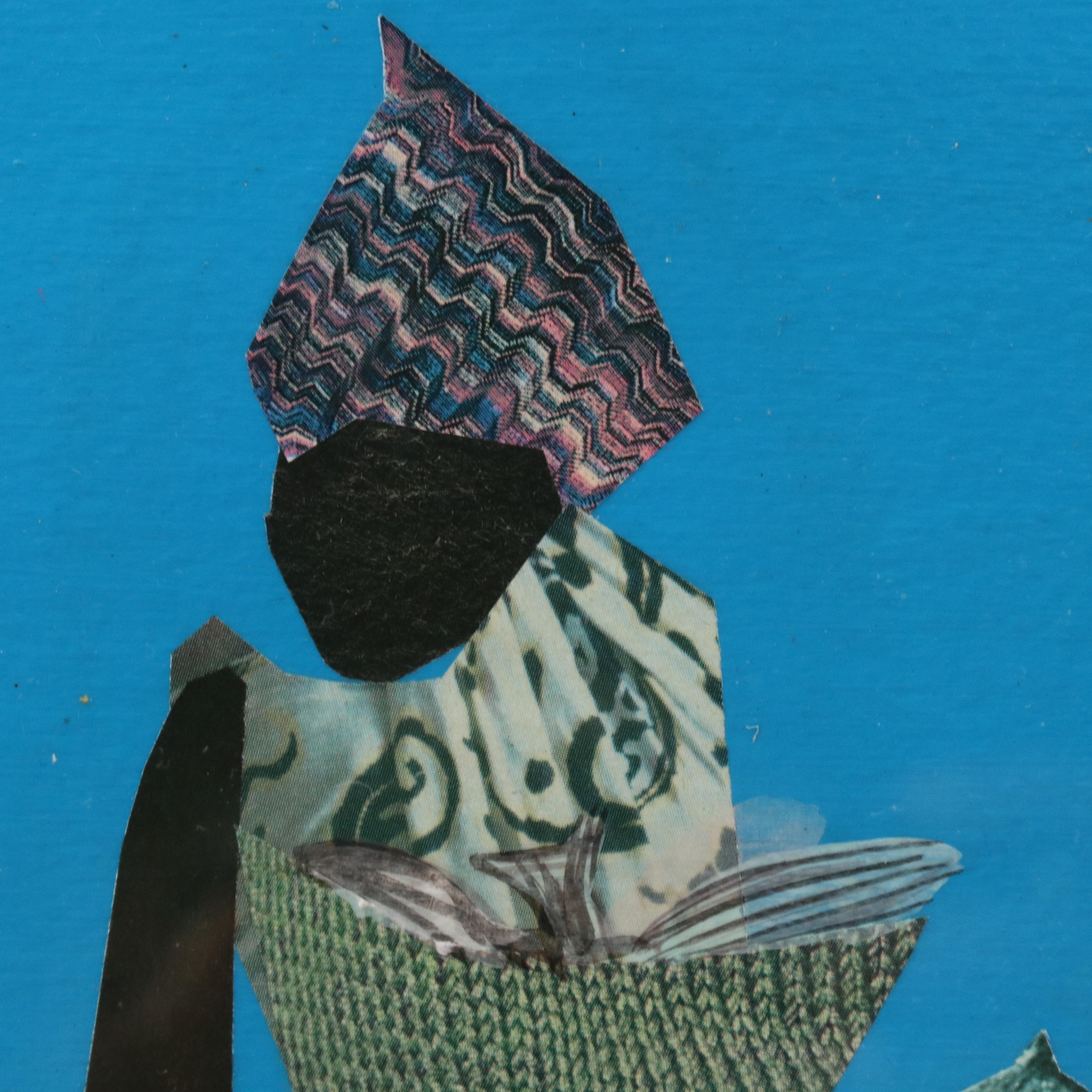 Lionel Lofton Mixed Media Collage of Women in Village Scene, 1990