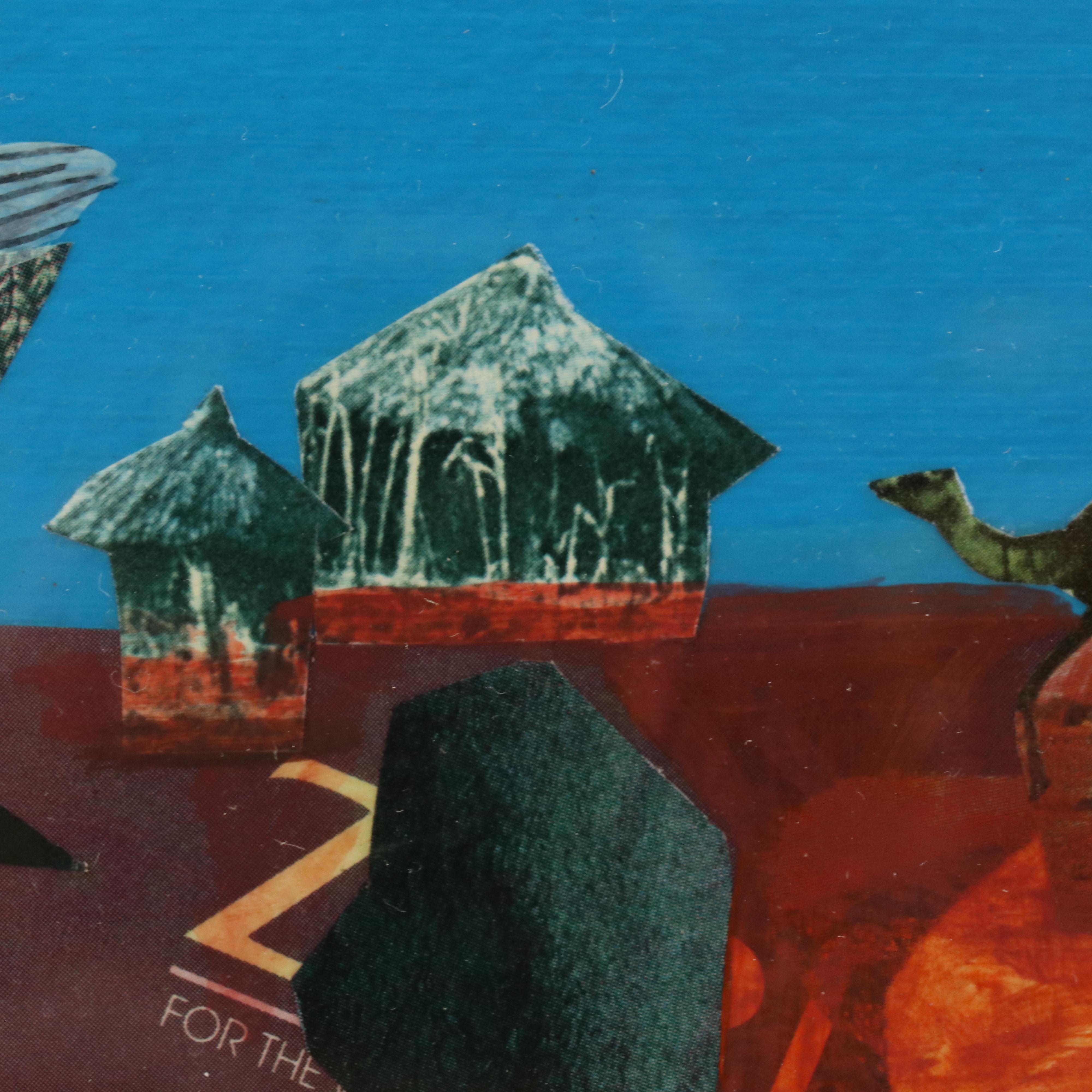 Lionel Lofton Mixed Media Collage of Women in Village Scene, 1990